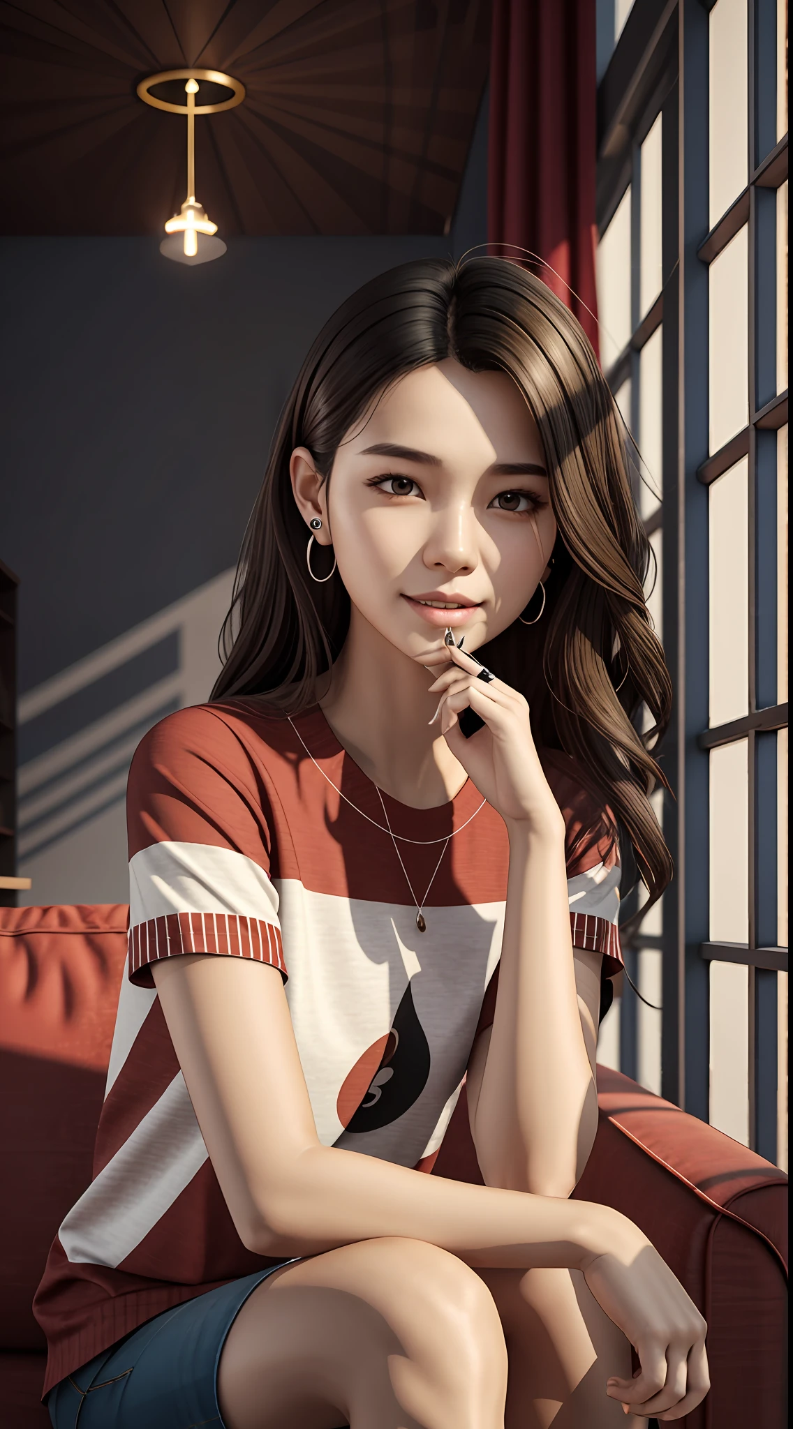 [25-year-old female],[face: round], [eyes: almond eye shape, brown color, thick and curved eyebrow shape], [Nose: Sticky shape, small hole], [Mouth: thick lip shape, Neat teeth], [Chin: Tyre chin shape, Sunken chin], [Hair: Long hairstyle, black color,], [Ears: Small ear shape], [skin: white skin color, Smooth skin texture], [Facial expression: smile], [Activity: Sitting on the sofa in the living room],
[Top clothes: T-shirt, red color, plaid pattern, delicate texture, casual wear style, folded clothing design, well-maintained clothing condition]
Professional photograph of a stunning woman detailed, cinematic lightning, octane render, unreal engine, volumetrics dtx
