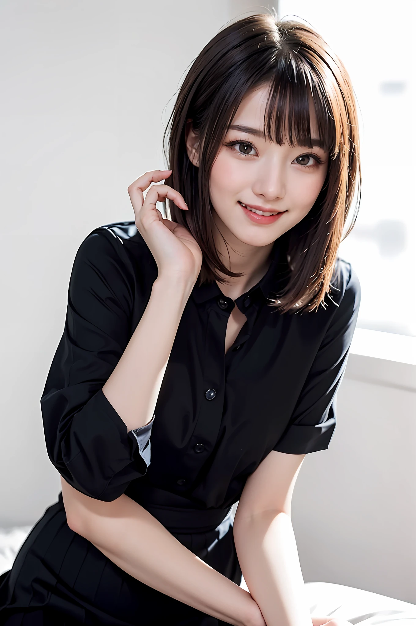 ((masterpiece, top quality)), one girl, (photorealistic: 1.4), solo, really snow-white background, black hair, short hair, absolute area, skirt, (((beauty, cute, 20 years old, bangs, little smile, lashes)), big breasts
