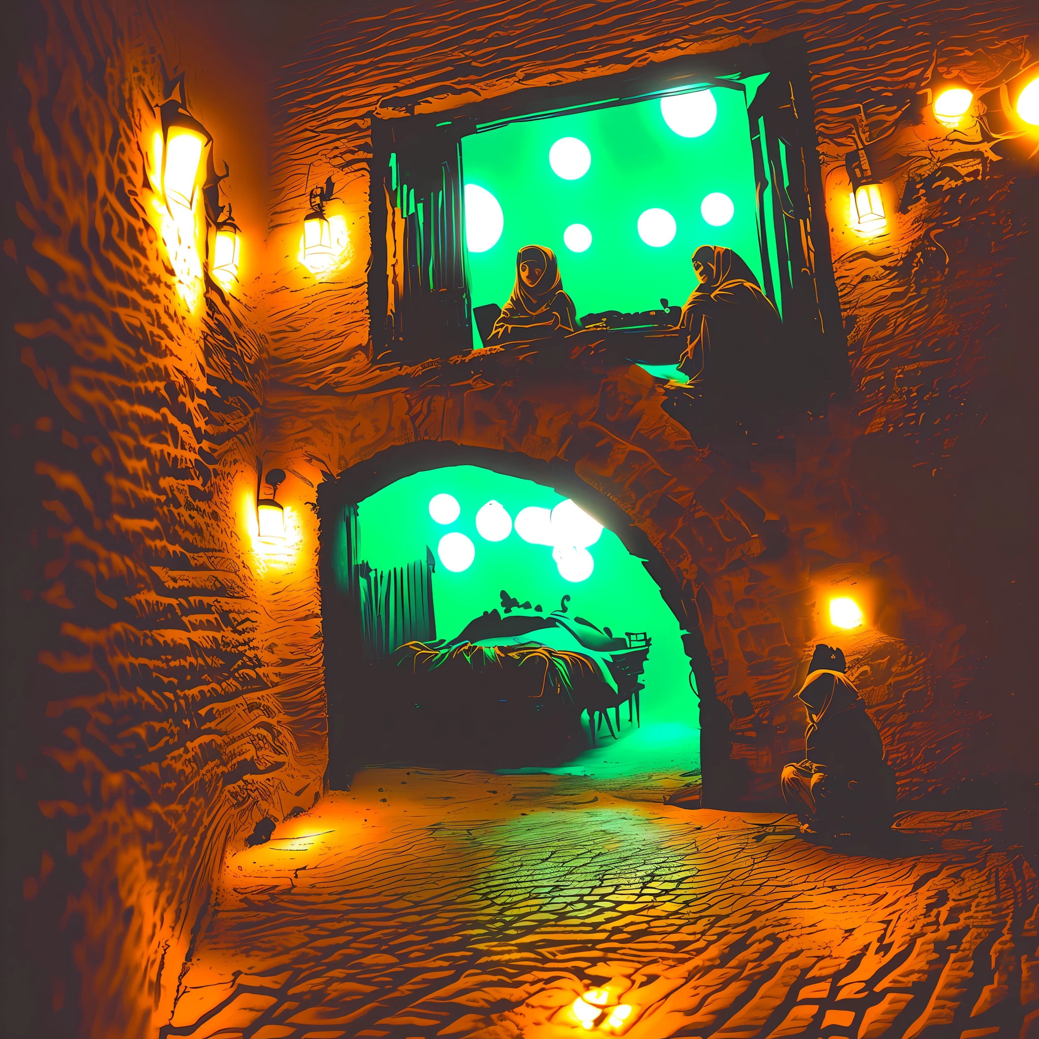 Capybara using something techy, with black and green tiffany light effects