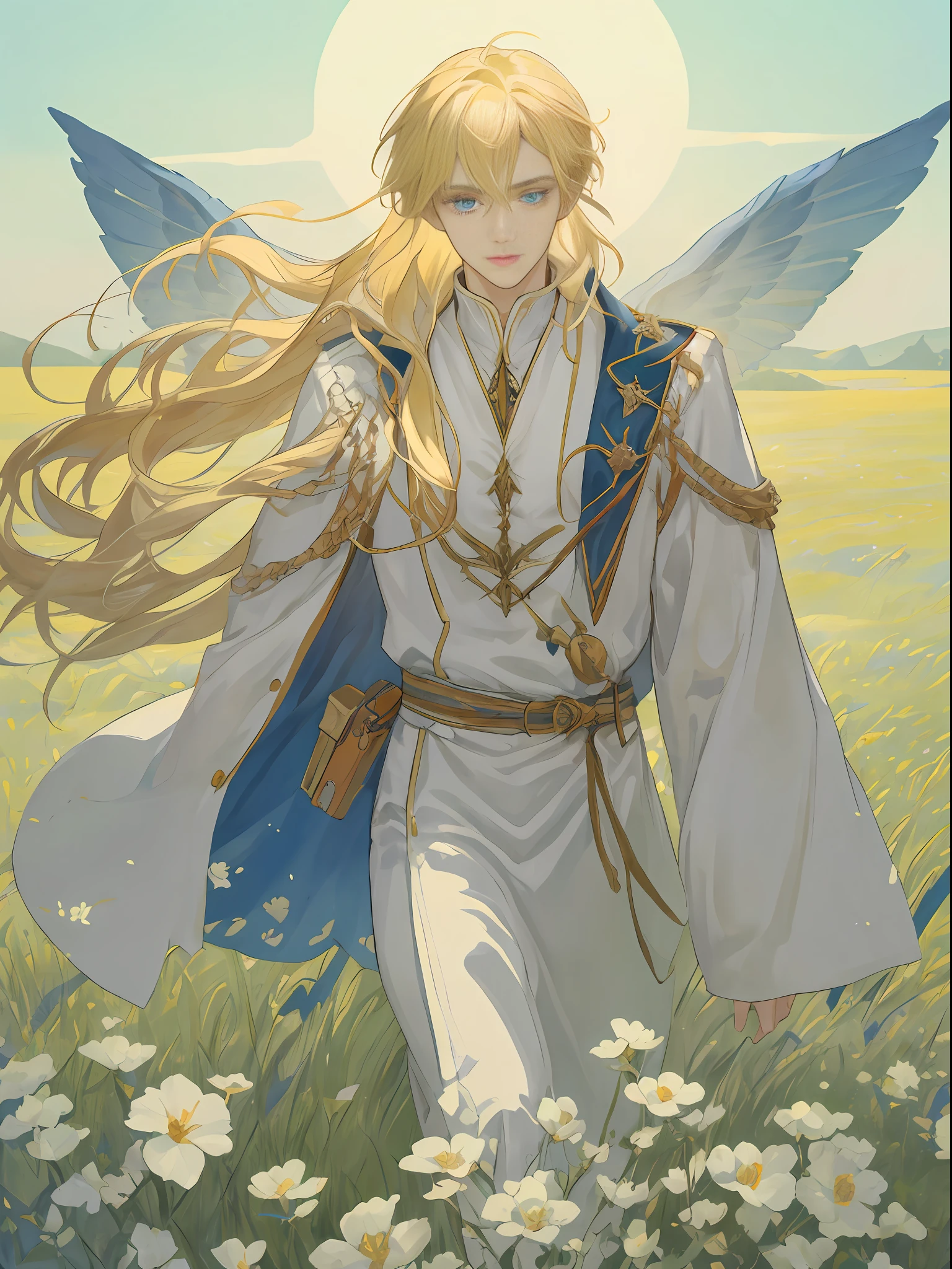((top quality, masterpiece)), depicting the image of a beautiful blonde male wizard standing in the meadow. He is dressed in a white robe, which is depicted as fluttering in the wind. His long blonde hair extends gracefully to his back, showing him fluttering in the wind.
His face expresses the wisdom and power of a superior wizard, and his glowing blue eyes suggest that he has magical powers. In his hands, he is depicted holding a magic wand or emanating a magical light from his palm.
The surrounding grasslands are painted in bright and vivid colors, expressed with a soft touch like watercolor. The wind churning the grasslands, you can feel the dancing of the grass and flowers.