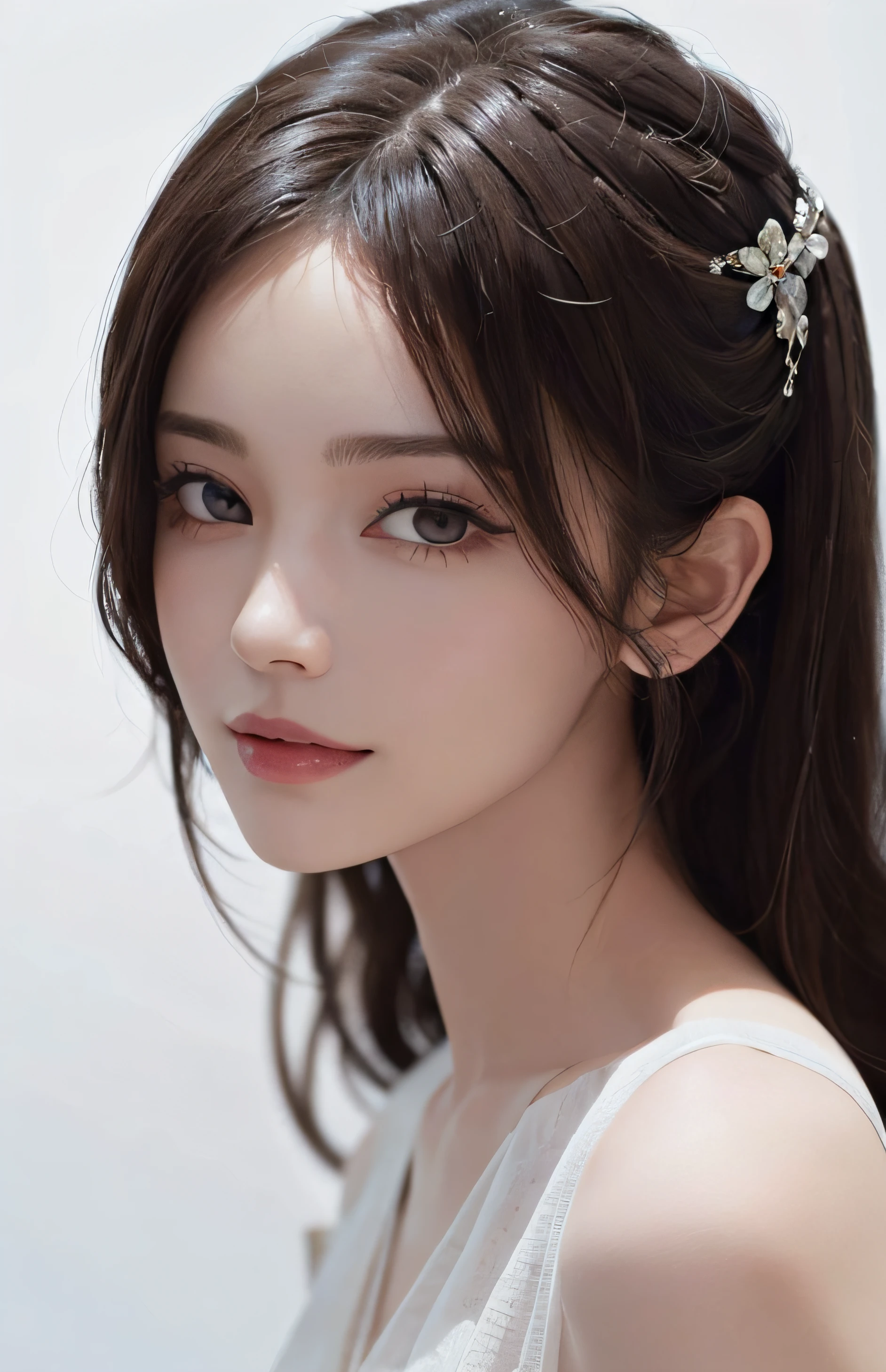 (non-realistic) , (illustration), (increase resolution), (8K), (extremely detailed), (best illustration), (beautiful detailed eyes), (best quality), (super detailed), (masterpiece), ( wallpaper), (detailed face), solo, 1 girl, looking at the audience, exquisite details, detailed face, white background, upper body white dress, purple crystal necklace, round face, juvenile face, low-key, pureerosfaceace_v1, smile, long hair, Purple shawl straight hair, 46 points slanted bangs