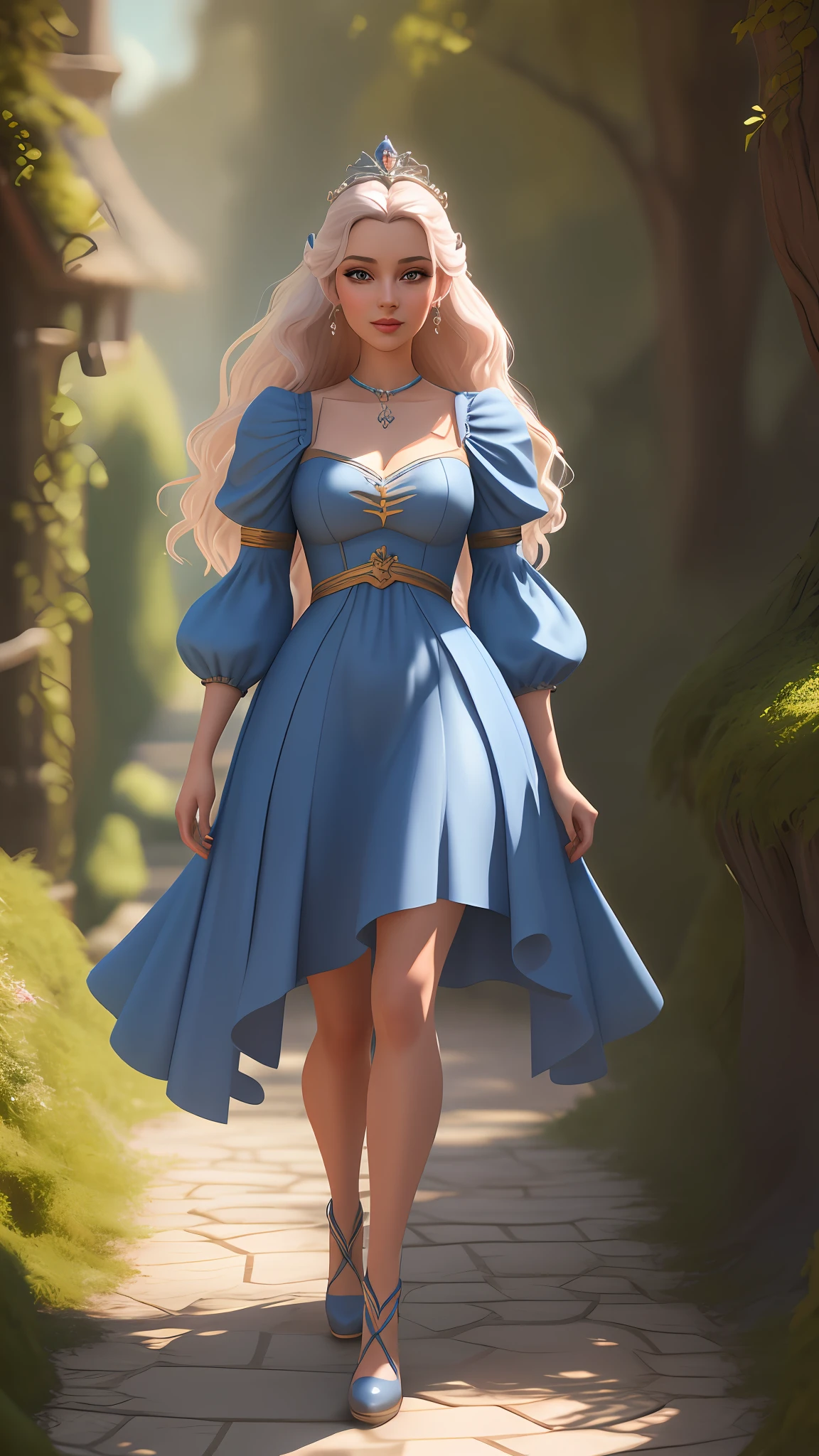 arafed image of a woman in a blue dress walking down a path, photorealistic disney, 3 d render character art 8 k, stylized as a 3d render, 3 d render stylized, beautiful render of a fairytale, beautiful fantasy maiden, realistic fantasy render, beautiful female princess, beautiful full body concept art, disney character style, retro and fantasy style