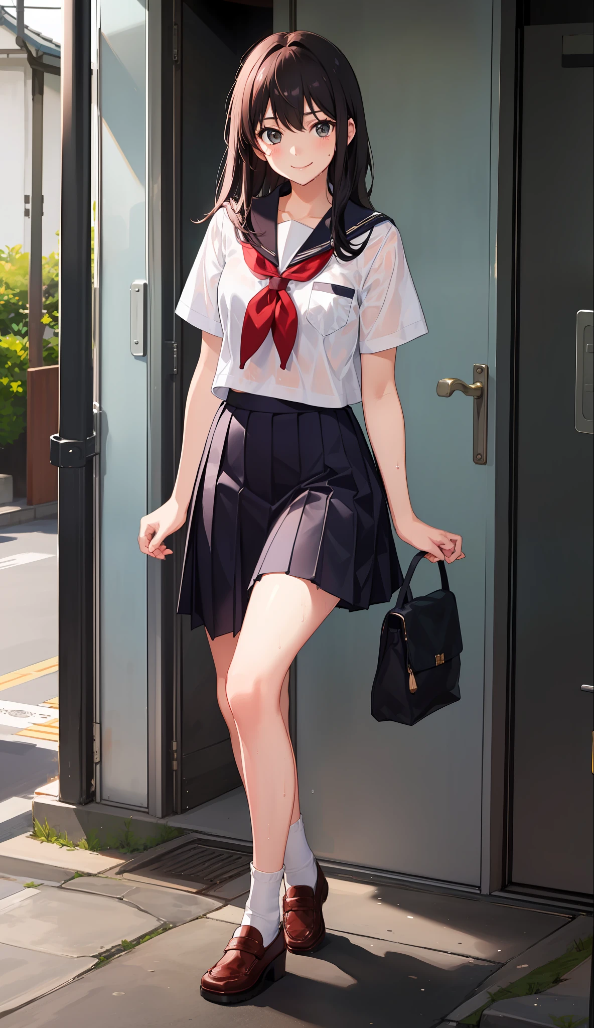1 girl, smile, shirt, skirt, (small) chiralism, Japan high school school school uniform, serafuk, summer clothes, squall wet uniform, (from the knee up),