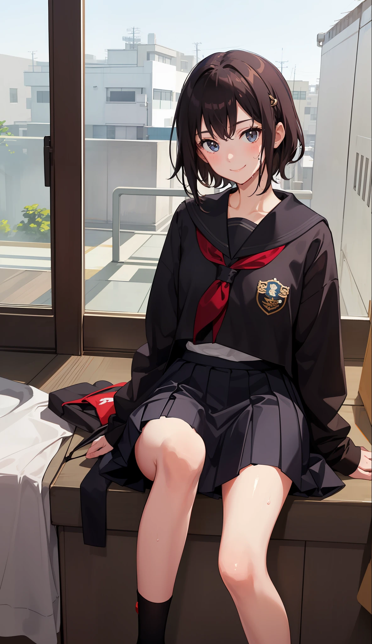 1 girl, smile, shirt, skirt, (small) chiralism, Japan high school school school uniform, serafuk, summer clothes, squall wet uniform, (from the knee up),