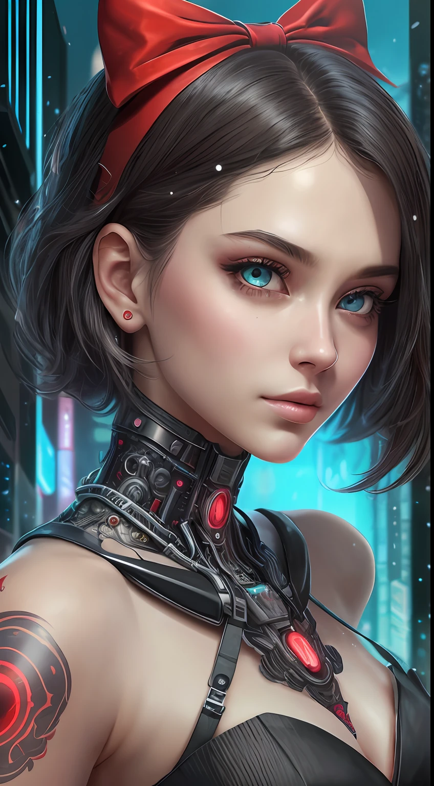 ((best quality)), ((masterpiece)), (detailed), realistic, upper body, futuristic, digital painting, equal eyes, intricate, impressive, cyberpunk elements, apple tattoo, snow white as a futuristic princess with black hair, short hair, black hair, wearing a red bow in her hair, white princess dress with red details, futuristic princess dress, detailed face, 8 k, HD, Digital art,  detailed eyes, shades of red, magical aura, colorful, cybernetic parts
