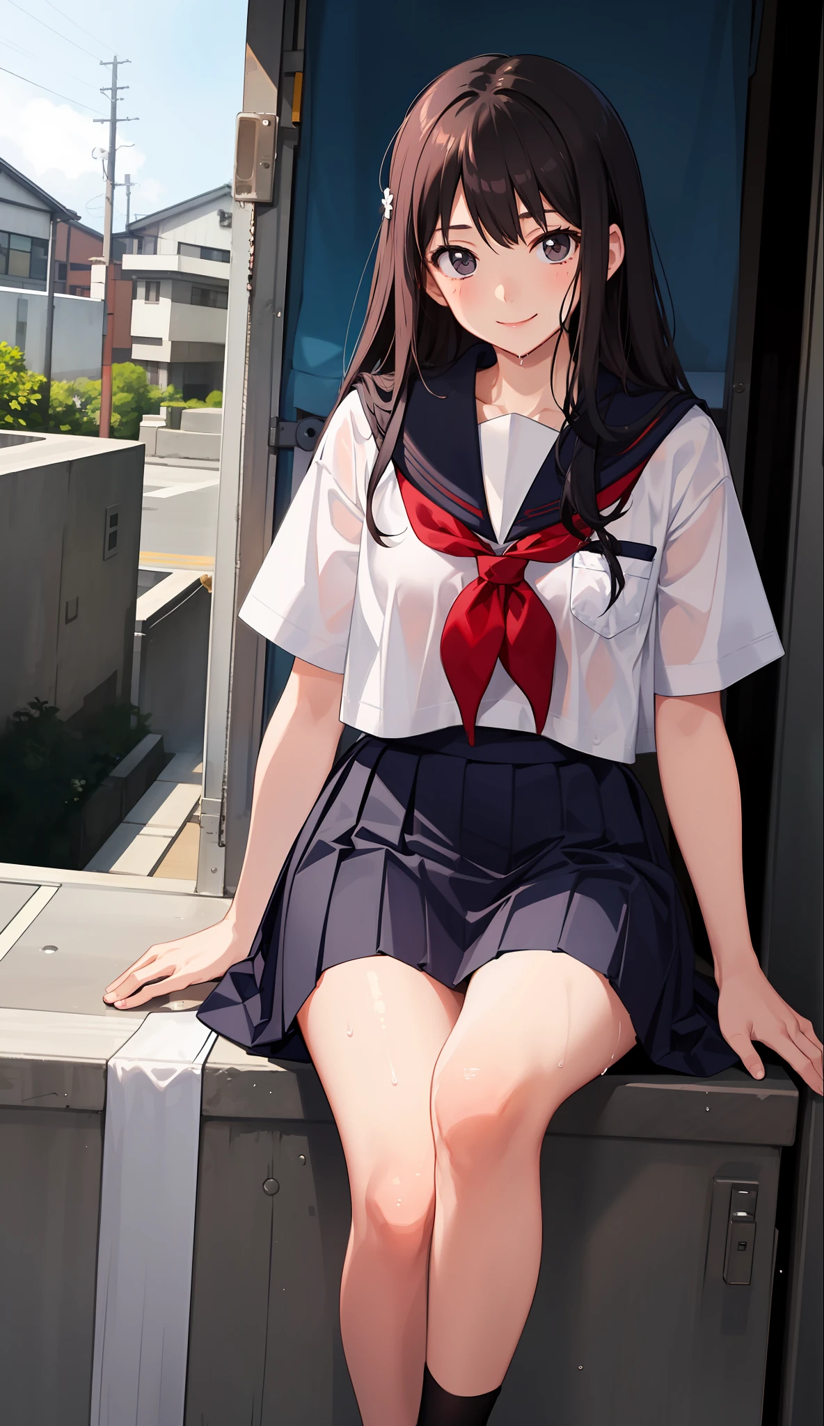 1 girl, smile, shirt, skirt, (small) chiralism, Japan high school school school uniform, serafuk, summer clothes, squall wet uniform, (from the knee up),