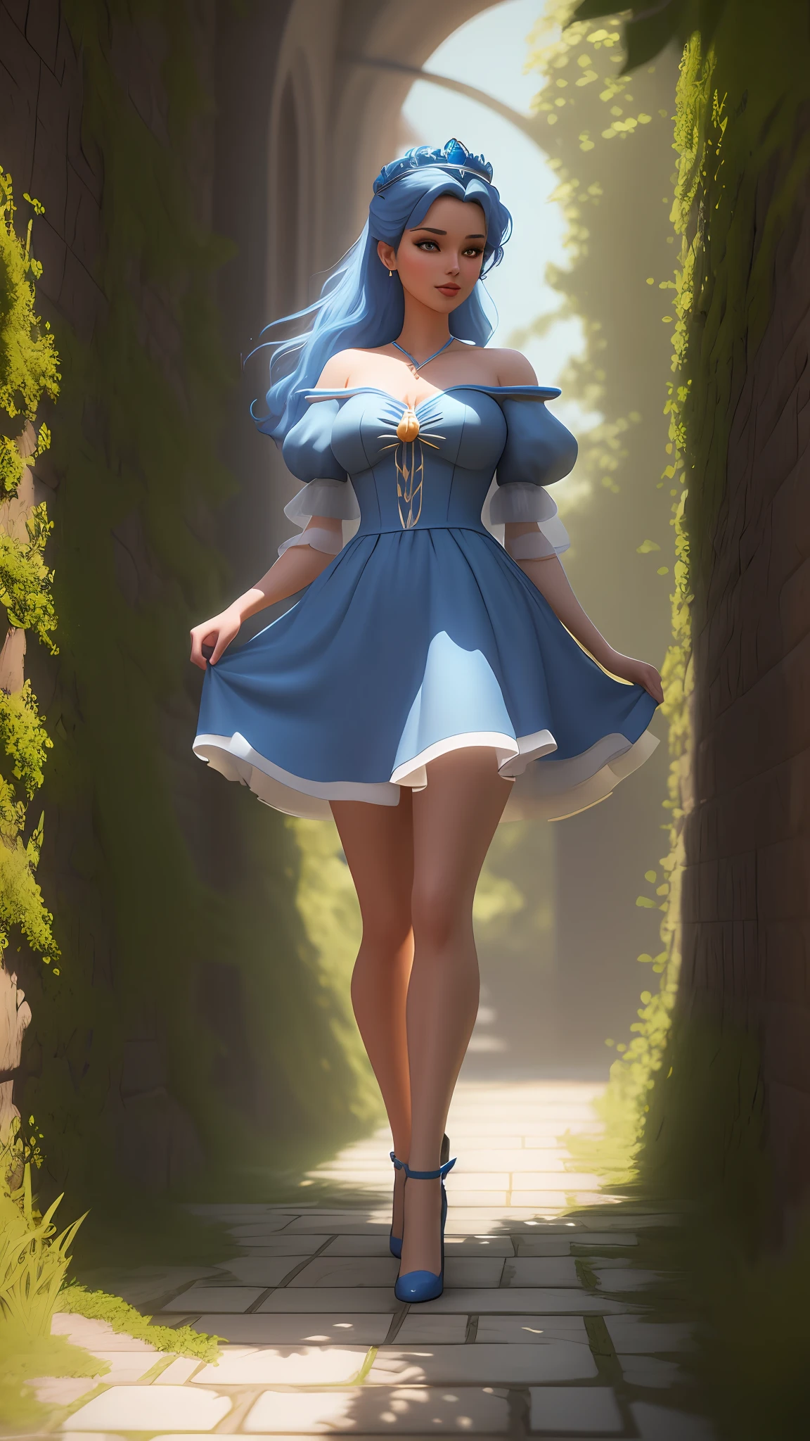 arafed image of a woman in a blue dress walking down a path, photorealistic disney, 3 d render character art 8 k, stylized as a 3d render, 3 d render stylized, beautiful render of a fairytale, beautiful fantasy maiden, realistic fantasy render, beautiful female princess, beautiful full body concept art, disney character style, retro and fantasy style