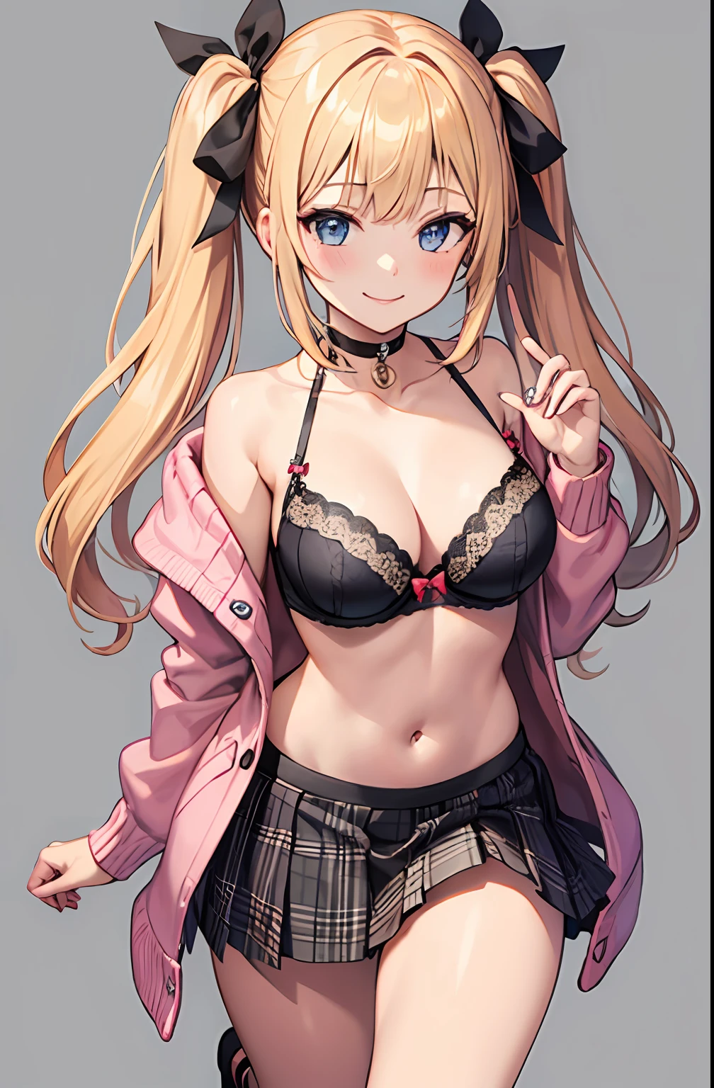 1girl, bangs, black_choker, ankle warmers, red bow, red_ribbon, blonde_hair, blue_eyes, blush, bra, large breasts, choker, collarbone, collared_shirt, full_body, grey_background, hair_ribbon, long_hair, twintails, hair ribbon, looking_at_viewer, red pink plaid, plaid_skirt, pleated_skirt, ribbon, pink cardigan, skirt, smile, solo, standing, twintails, underwear, wristband