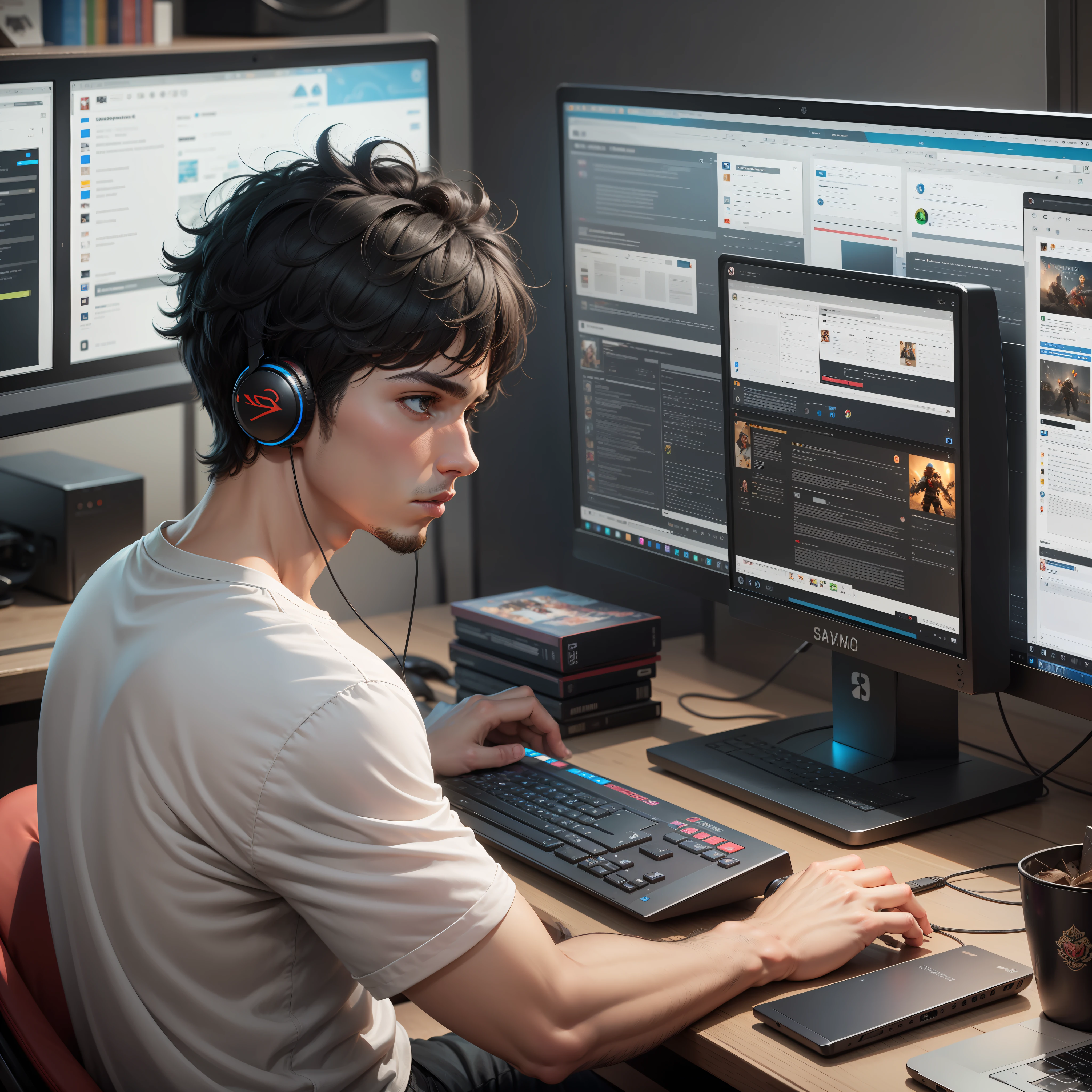 A man, short hair, black hair, gray shirt, black shorts, video game player on computer