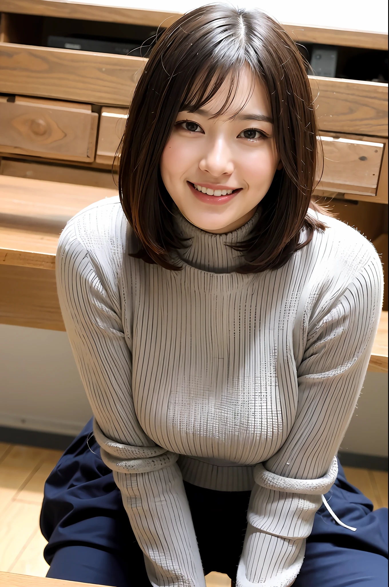 Top quality, masterpiece, High resolution, 1girl, Beautiful and perfect face, Bob layer cut, sleeveless turtleneck knit, mini skirt, clean underarms, intricate details, cinematic feel, 8K, very detailed, big, office, under desk, under desk, under desk, natural light, big breast bulge, smile, all fours, on all fours, upwards, Looking down angle, upright, squatting, employee ID, staff identity card,