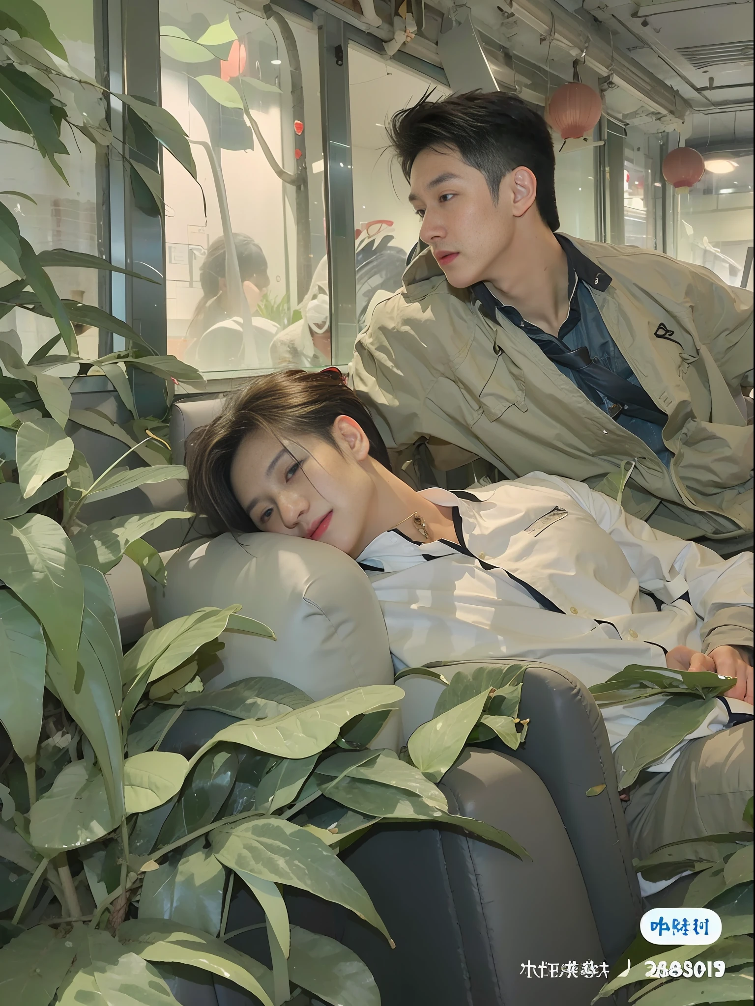 (Chinese Handsome: 1.5), Two Men Sitting Together, Green Theme, White Shirt, Business Elite, Realistic Details, Realistic Photos, Textured Skin, Looking at the Camera, 18 Year Old Boy, Studio, Model, Long Legs