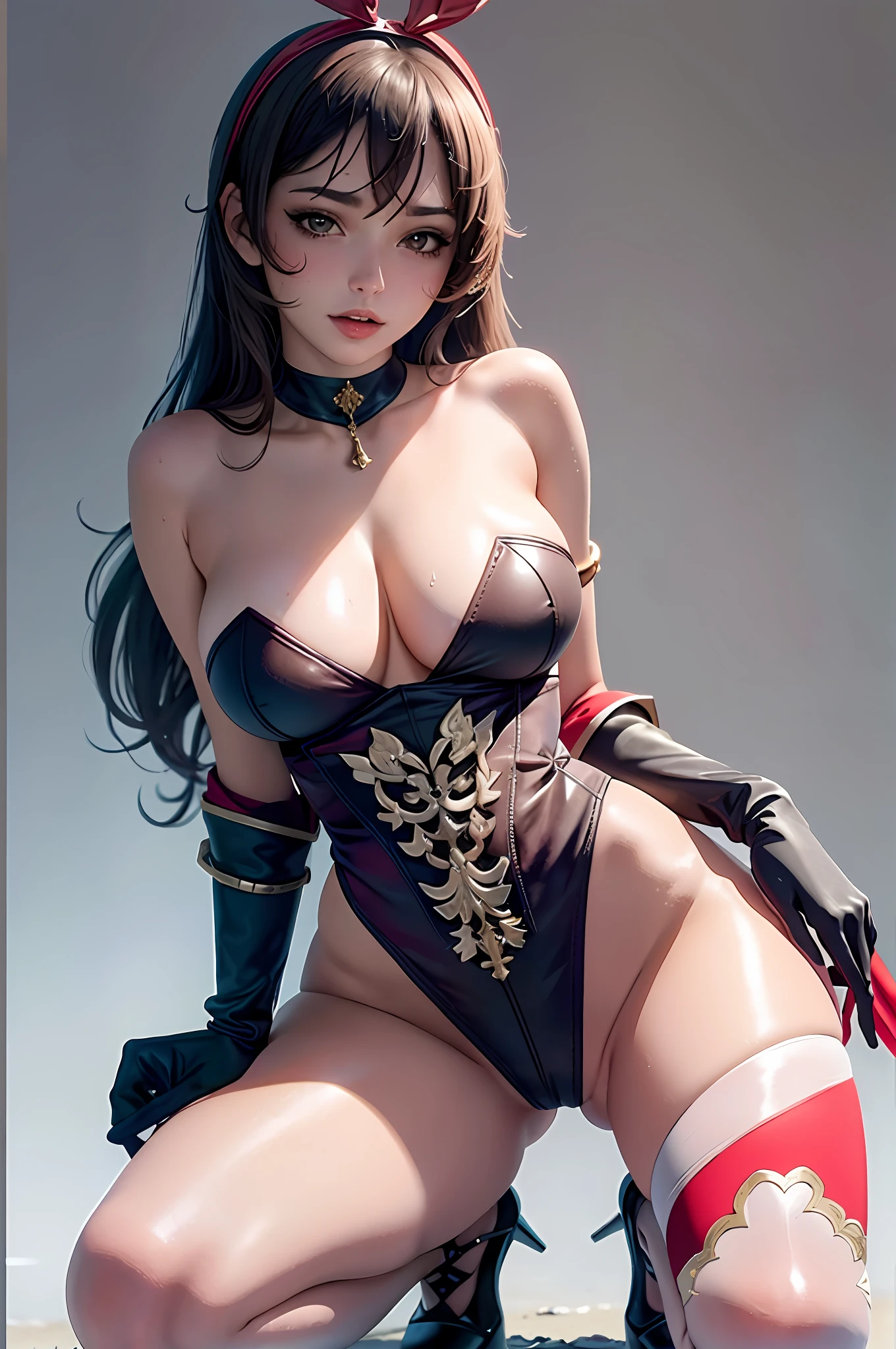 visible areola, transparent micro bikini, wet, hands on chest, transparent, looking at the viewer, hair ornament, choker, shy, (masterpiece, top quality, best quality, official art, beautiful and aesthetic: 1.2), (1 girl), extremely detailed, colorful, more detailed upper body, bottom, cameltoe, tiny transparent lingerie, full body, wet crotch, (breasts: 1.2) squeezed breasts, high heels, Thigh open, one leg up, sensual, crouching, amberrnd, red bow on top of headpiece