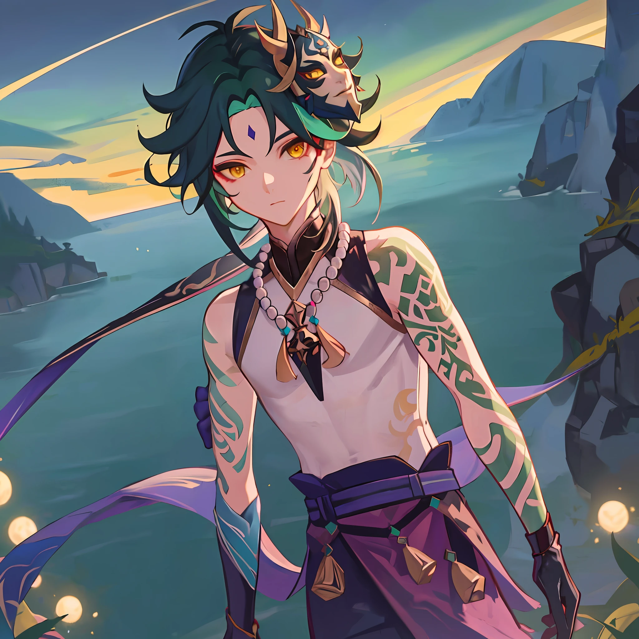 Masterpiece, best quality, 1boy, male focus, solo, Xiao (Genshin Impact), gloves, tattoo, arm tattoo, necklace, cloud, jewelry, mask, green hair, beaded necklace, multicolored hair, beads, yellow eyes, distracted looking, (landscape background: 1.4), (kbxll: 0.6)