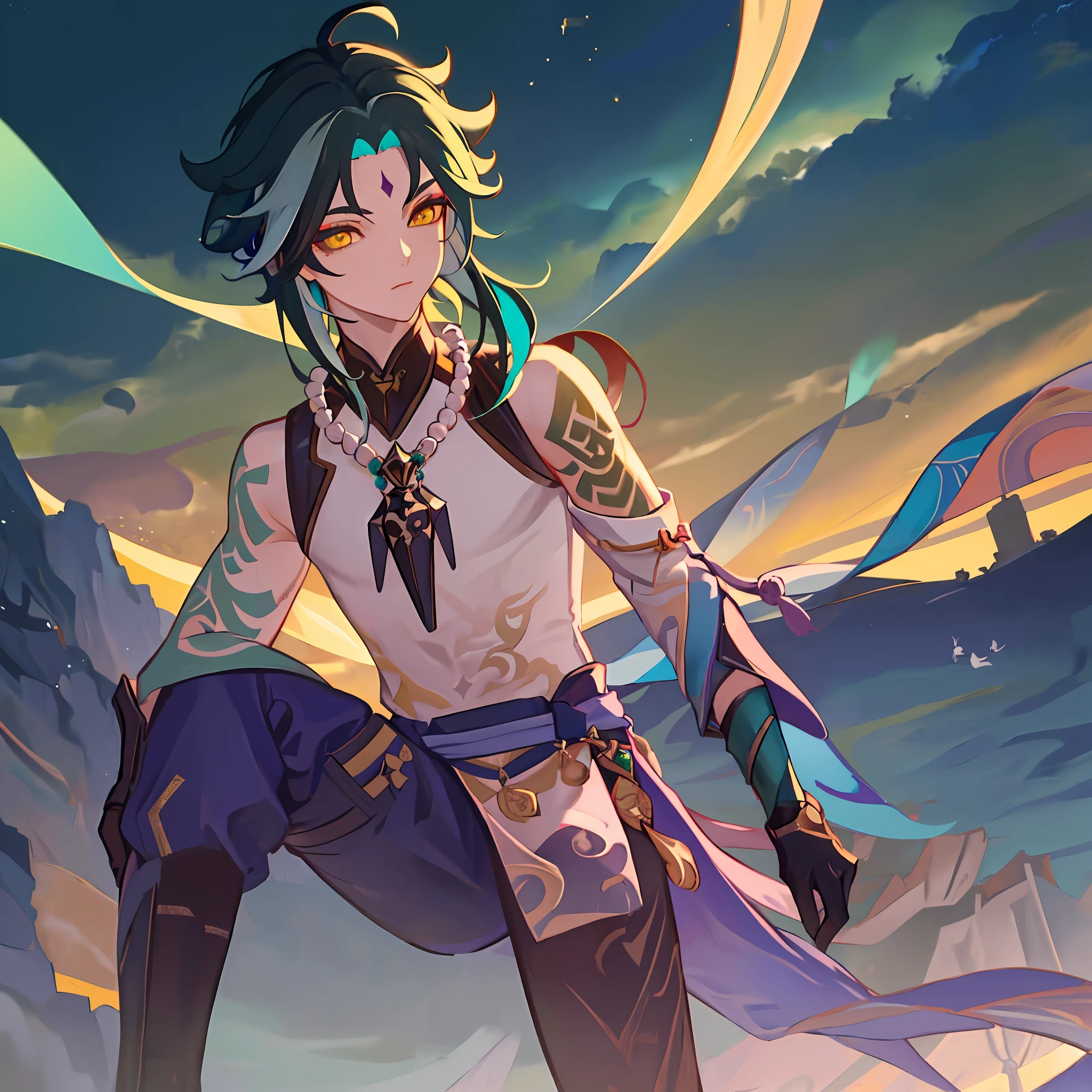 Masterpiece, best quality, 1boy, male focus, solo, Xiao (Genshin Impact), gloves, tattoo, arm tattoo, necklace, cloud, jewelry, mask, green hair, beaded necklace, multicolored hair, beads, yellow eyes, distracted looking, (landscape background: 1.4), (kbxll: 0.6)