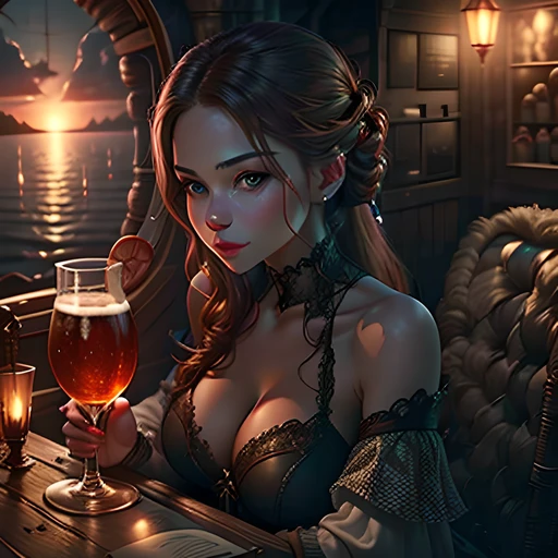 beautiful ginger women in detailed dress at cozy Yacht, air above hair, IPA award wining, masterpiece, at sunset, spectacular view