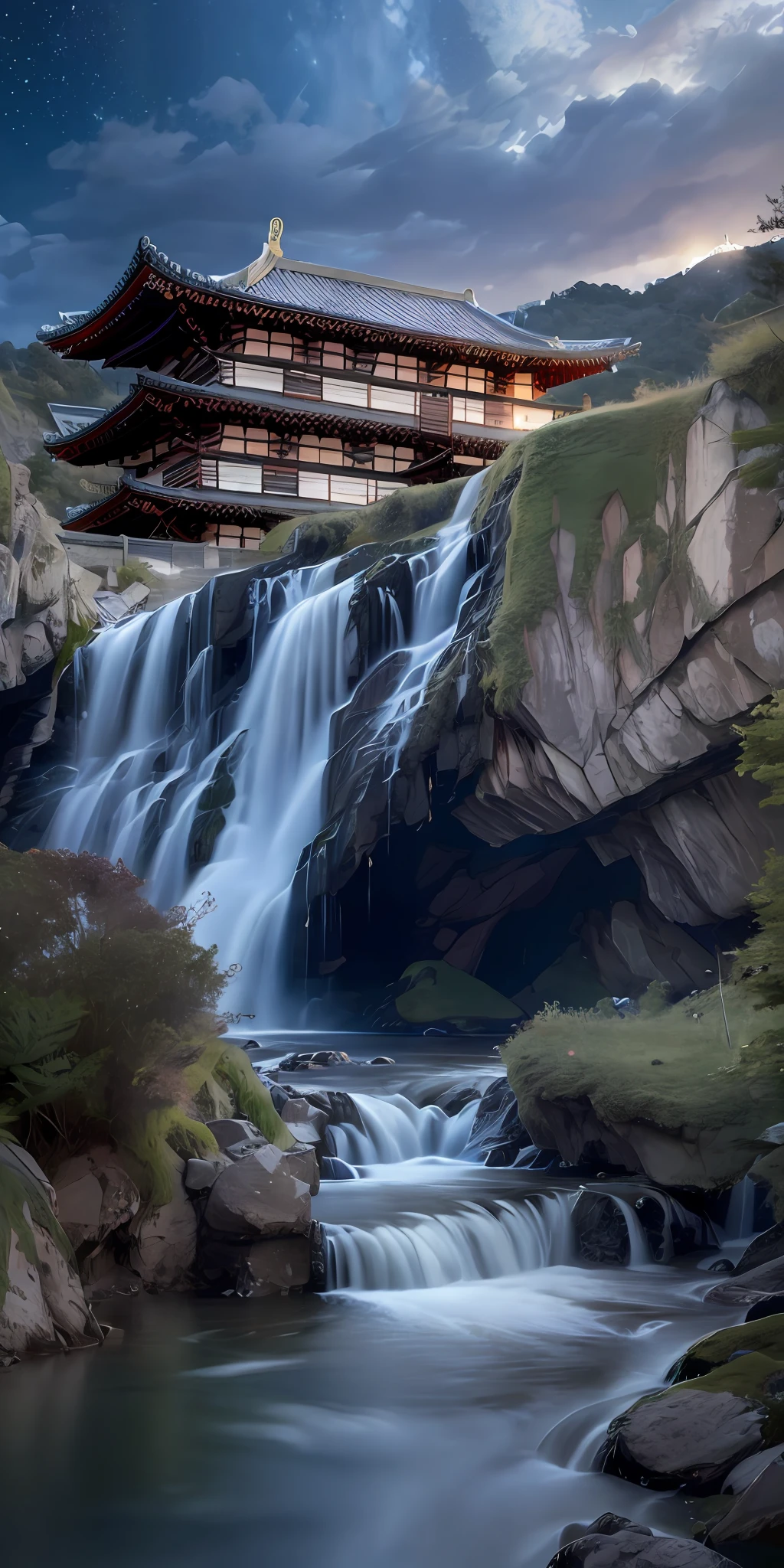 Masterpiece, best quality, high quality, extremely detailed CG unity 8k wallpaper, outdoor, sky, clouds, night, no humans, mountain, chinese style palace sits on the hillside, moonlight, cinemagraph, landscape, water, trees, dark sky, waterfall, cliff, nature, lake, river, cloudy sky, award winning photography, bokeh, depth of field, hdr, bloom, chromatic aberration, photorealistic, highly detailed, trending on artstation, trending on CGsociety, intricate, high detail, dramatic, halfway art