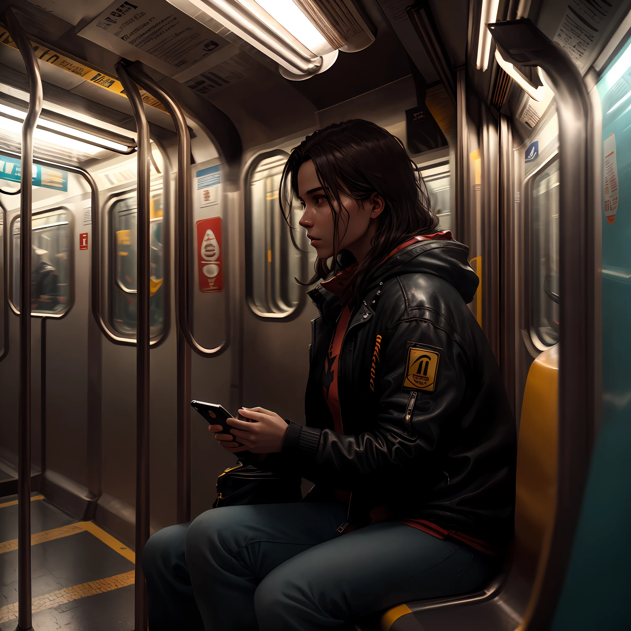 ((Focus on a person sitting on the subway, using the cell phone, dramatic lights, dark photos, night))), Best Quality, Ultra High Resolution, (Realism: 1.4), High Resolution, Detailed, Original Photo, Sharp, by Lee Jeffries Nikon D850 Film Stock Photography 4 Kodak Portra 400 Camera F1.6 Rich Color Lenses Realistic texture hyper realistic unrealistic dramatic lightingEngine trend in ArtStation CineStill 800,,  photorealistic, photo, masterpiece, realistic, realism, photorealism, high contrast, photorealistic Digital art trends in Artstation 8k HD High Definition --auto
