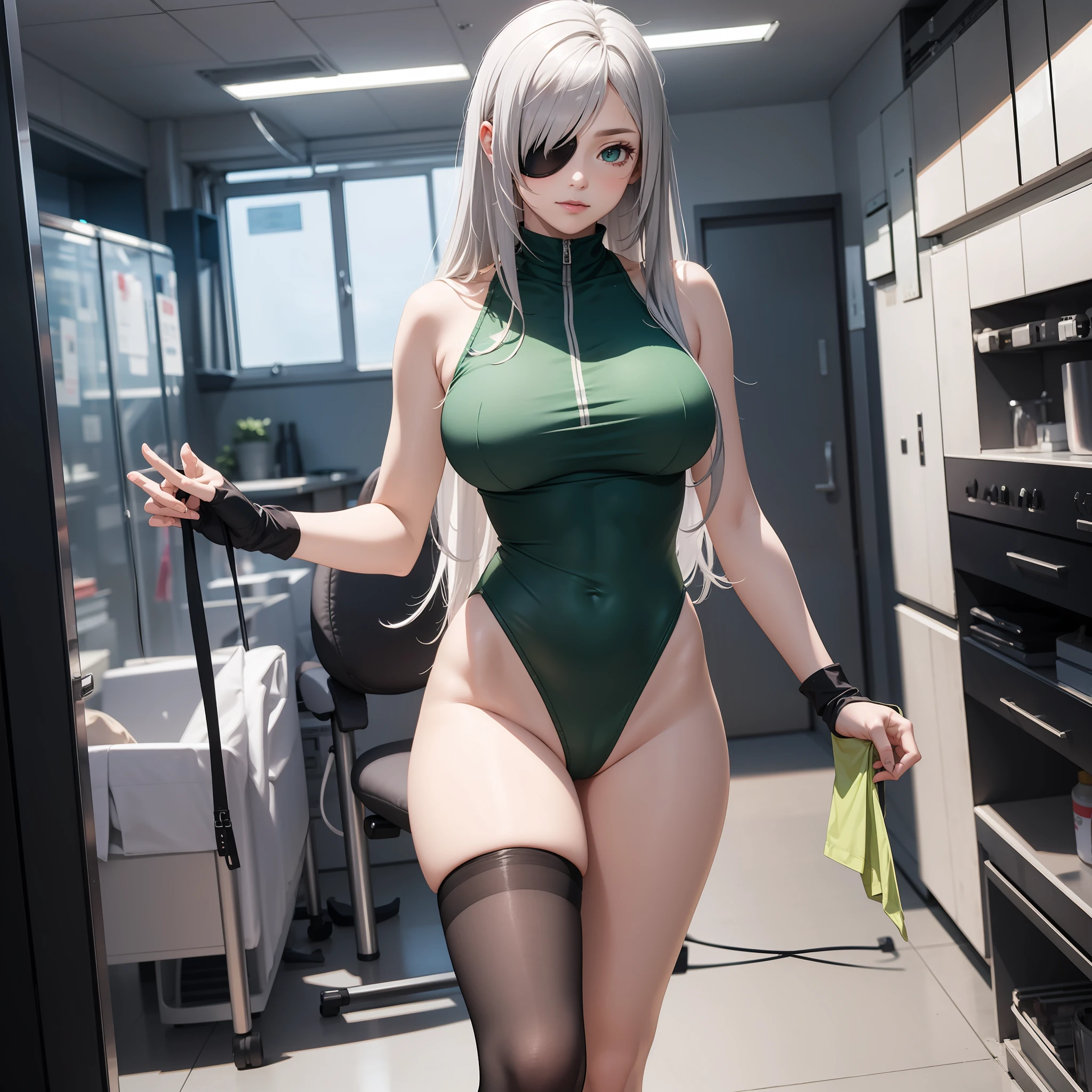 Laura Bodewig Green Leotard High Neck High Leg Sleeveless Thigh Socks Long Hair Silver Straight Hair Left Eye Patch Big Tits German High School Solo --auto
