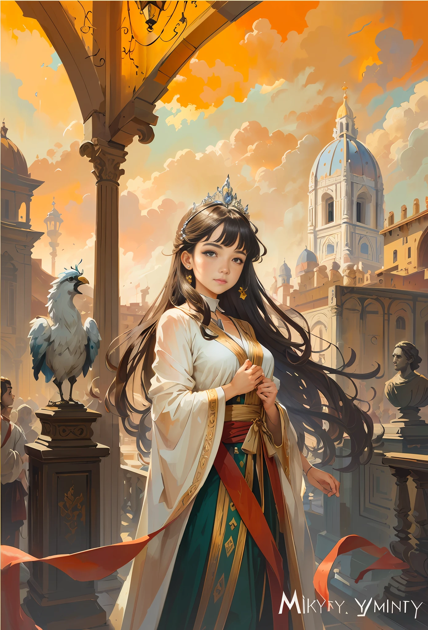 Model shooting style, (extremely detailed CG Unity 8k wallpaper), full-shot body photo of the most beautiful artwork in the world, stunning beautiful photo realistic available, super realistic super detailed photo, a beautiful girl as a female dancer entering the Loggia dei Lanzi of Florence,complex dress, banquet, crowd, [slight smile], (Sculpture of Hercules background), (princess eyes, shining pupils), detailed symmetrical beautiful hazel eyes, detailed gorgeous face, highly detailed, Vibrant, professional majestic oil painting by Ed Blinkey, Atey Ghailan, Studio Ghibli, Jeremy Mann, Greg Manchess, Antonio Moro, ArtStation Trends, CGSociety Trends, Complex, High Detail, Sharp Focus, Dramatic, Realistic Painting Art, by Midjourney and Greg Written by Rutkowski