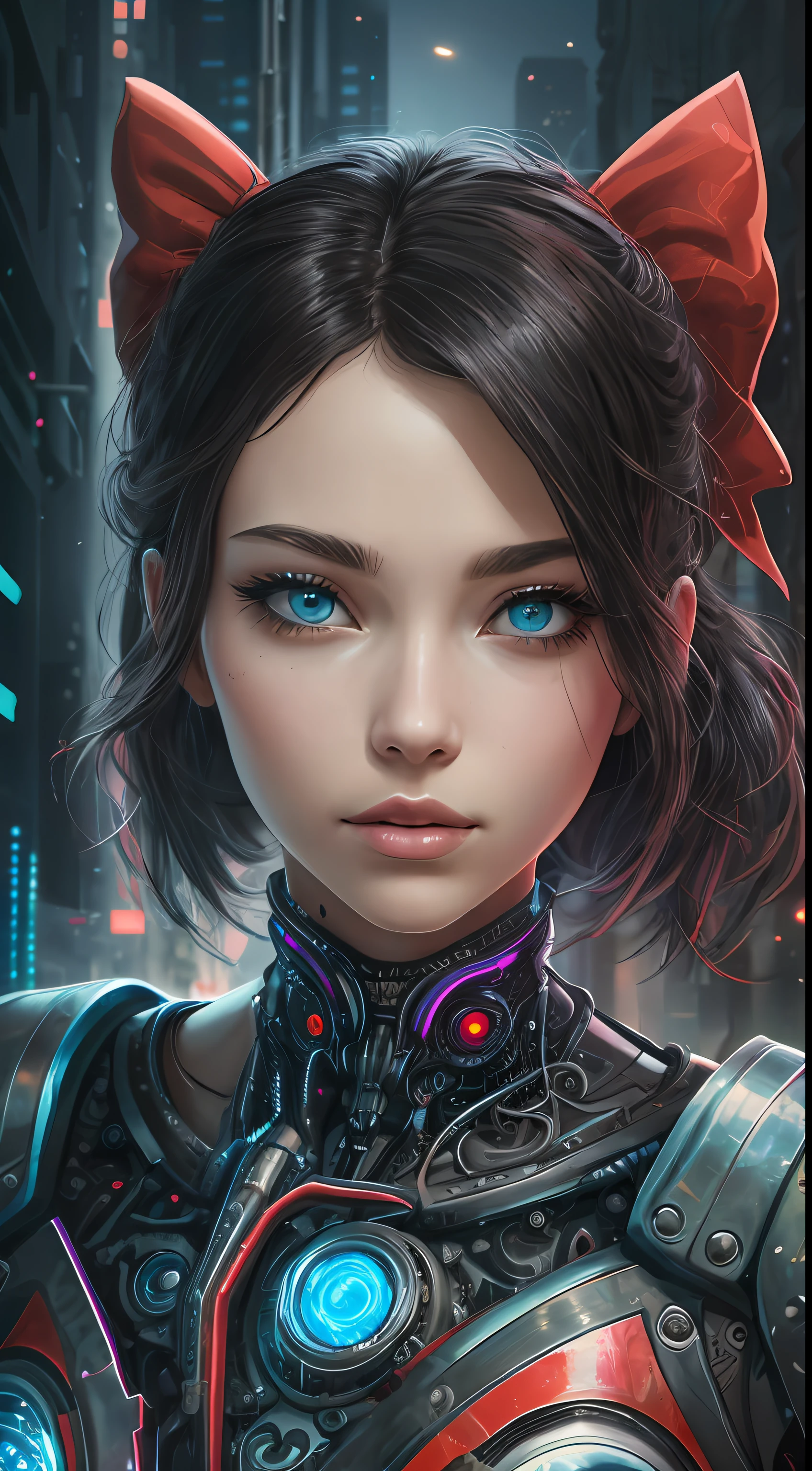 ((best quality)), ((masterpiece)), (detailed), realistic, upper body, futuristic, digital painting, equal eyes, intricate, impressive, cyberpunk elements, apple tattoo, snow white as a futuristic princess with black hair, short hair, black hair, wearing a red bow in her hair, white princess dress with red details, futuristic princess dress, detailed face, 8 k, HD, Digital art,  detailed eyes, shades of red, magical aura, colorful, cybernetic parts