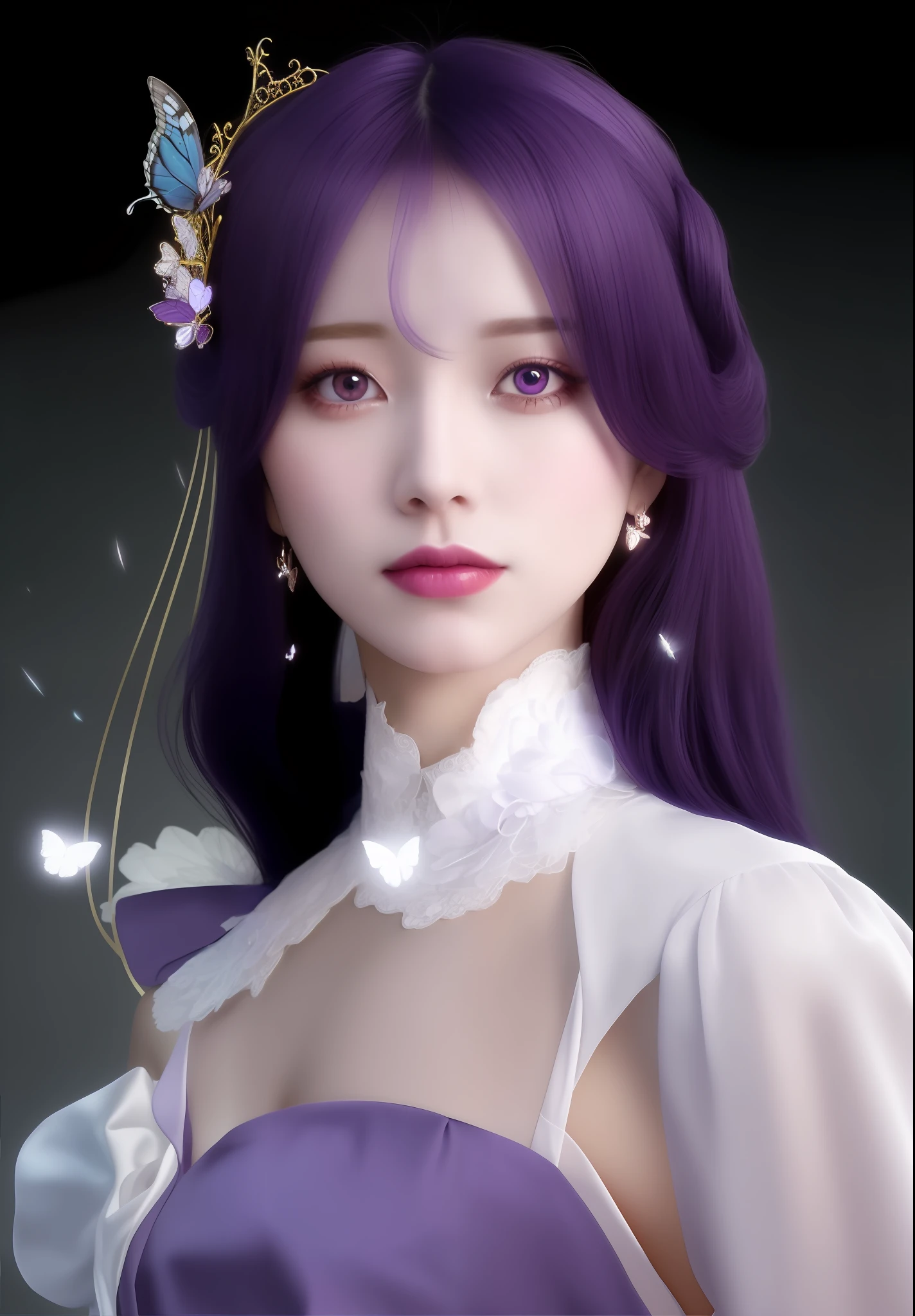 a close up of a woman with purple hair and a butterfly headpiece, ((a beautiful fantasy empress)), purple eyes and white dress, high-resolution, hdr, professional photograph