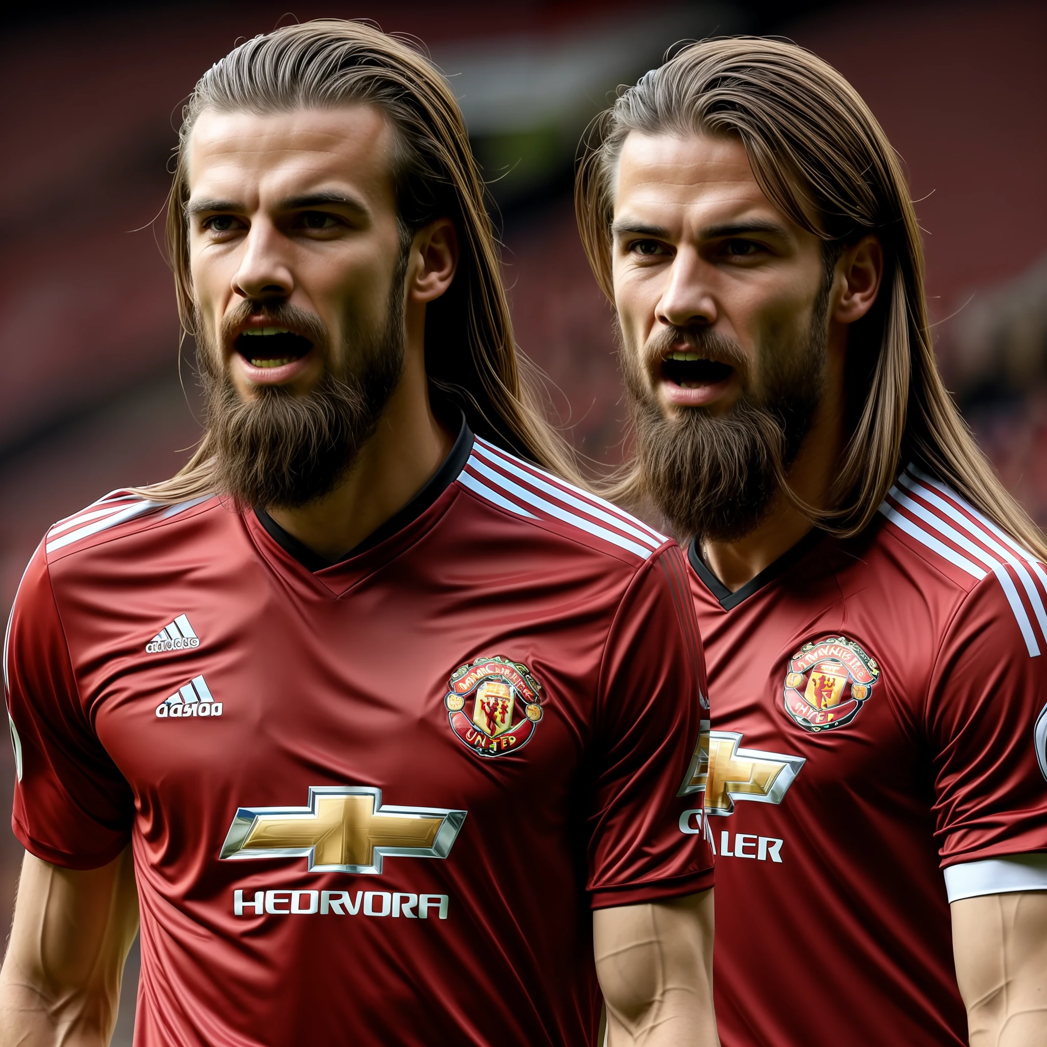 Man with long hair, thin beard, in a Manchester United shirt