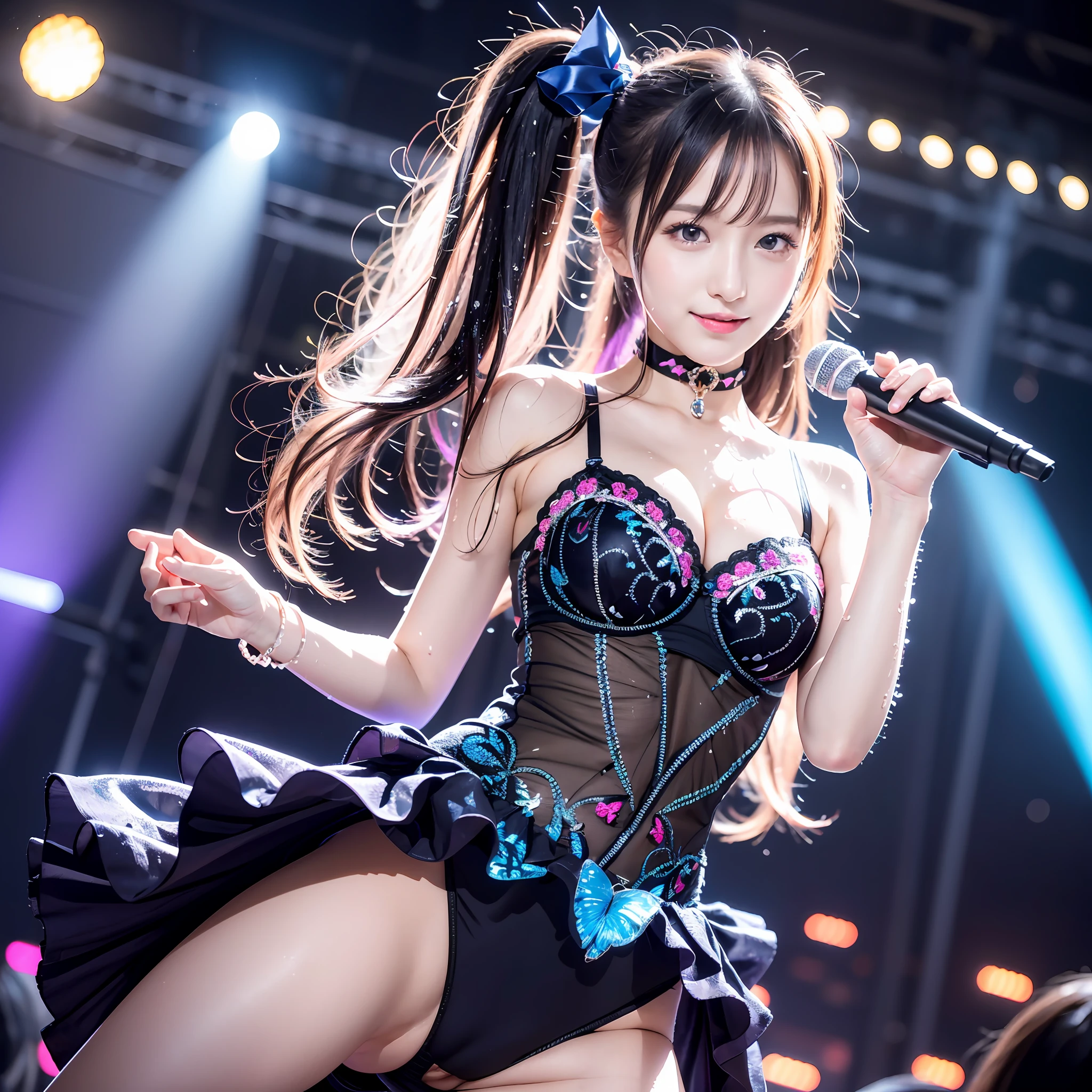 Illustration, cinematic light, high resolution, best quality, ultra detailed, detailed face, (detailed eyes), highest quality, ultra detailed, masterpiece, (detailed face), pretty face, best smile, sexy mature woman transparent (ultra-detailed embroidery and ribbons, idol outfit: 1.5), ruffled miniskirt, cloth, choker, open cloth, NSFW, high heels, blue eyes, neon small shiny hair edges, AI fantasy concert, glowing lighting with neon details, idol, (live stage: 1.15), (holding the microphone with left hand singing: 15), singing with butt sticking out: 5, (to a packed audience in the background), light reflection, heart-shaped iris, playful eyes, open shoulders, (wet body), small shining butterfly, hair jewelry, panties, cute panties: 1.5, 18 years old, Nogizaka idol, Actress, Korean Idol, Gravure Idol