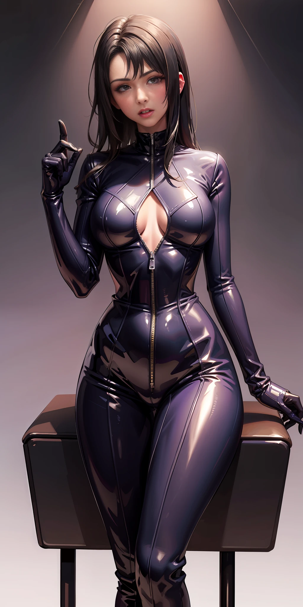 Marcie in a shiny purple latex suit sitting on a modern chair with spreading legs, latex shiny, purple body, wearing latex, wearing atsuko kudo latex outfit, latex outfits, smooth purple skin, tight attire, futuristic glossy latex suit, shiny plastic, amouranth as a super villain, wearing tight suit, shiny and metallic, shiny metallic glossy skin, amouranth, in anime style ::1