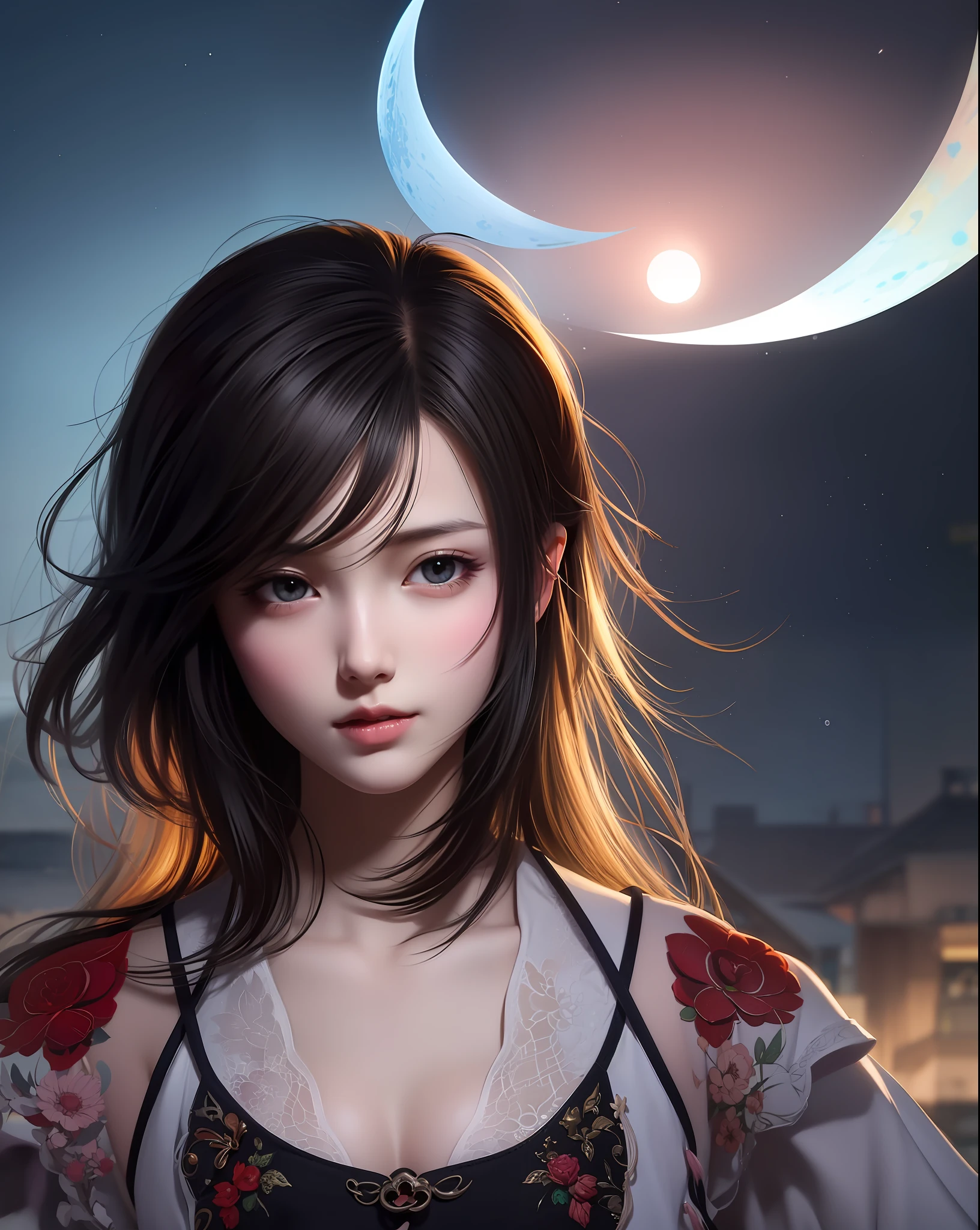 (8k, RAW photo:1.2), best quality, ultra high res,dramatic angle,(fluttered detailed color splashs), (illustration),(((1 girl))),(long hair),(rain:0.9), (头饰:1.4),少女身边有一座古宫,汉服,(重点),彩色水墨画,(泼彩),泼彩,(((colorful))),(素描:0.8) , Masterpiece, best quality, beautiful painted, highly detailed,(denoising:0.6),[splash ink],((ink refraction)), (beautiful detailed sky),moon,highly,detaild,(masterpiece, best quality, extremely detailed） CG unity 8k壁纸，杰作，最好的质量，超详细），（石蒜），