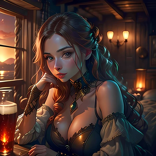 beautiful ginger women in detailed dress at cozy Yacht, air above hair, IPA award wining, masterpiece, at sunset, spectacular view