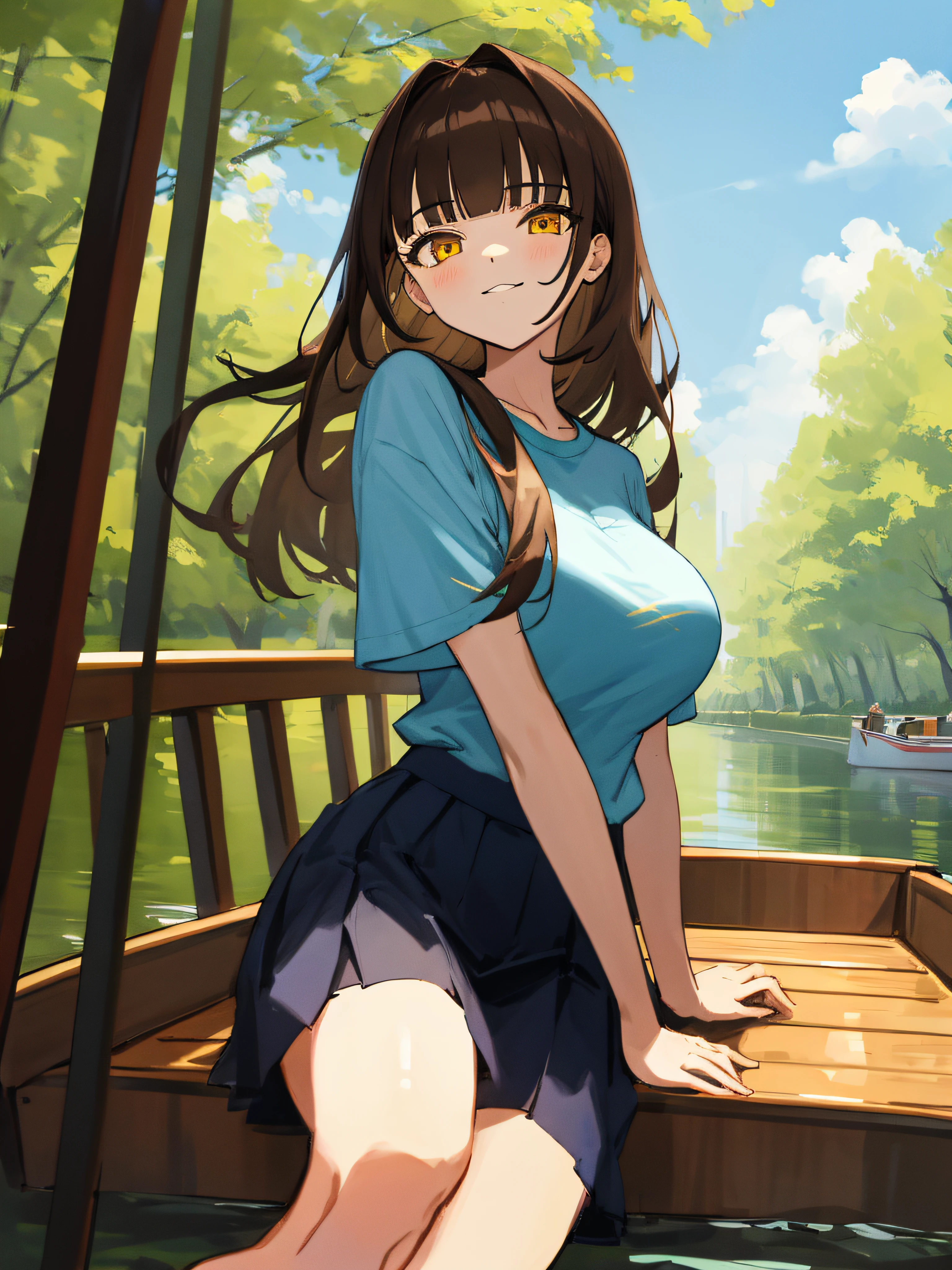 (masterpiece, best quality, absurdres), 1girl, solo, solofocus, brown hair, long hair, yellow eyes, medium to large breasts, ager, super closeup, outdoors, casual clothing, boat, railing, river, greenery, blue sky, clouds, trees, wooden floor, wooden door, riverboat, metal, t shirt, skirt, blunt bangs, smug expression