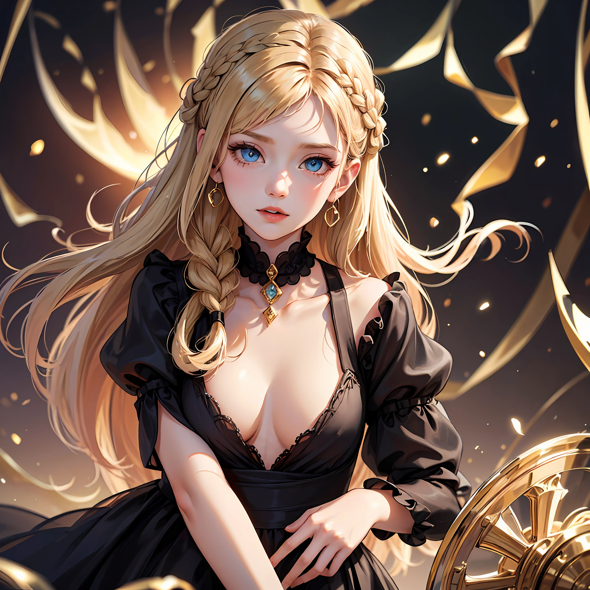 God, top quality, one dignified woman, classy, long (masterpiece) 8K resolution, beatrice, blonde, braided, up, bangs are trimmed, blue beautiful eyes, face without makeup, warm and attractive, black dress with red lines with gold rimm, the whole body is about 170, the body is small is not very good
