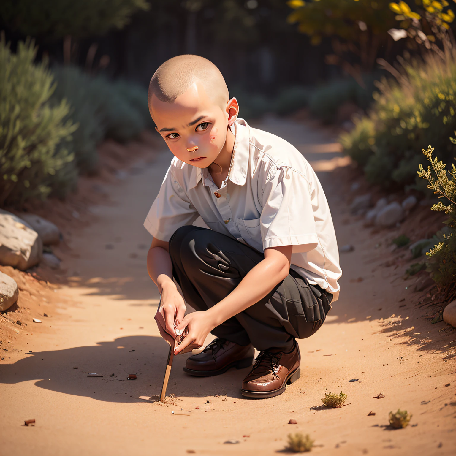 Intelligent 10-year-old boy, shaved head, redhead, in a dry garden, without glasses. --auto