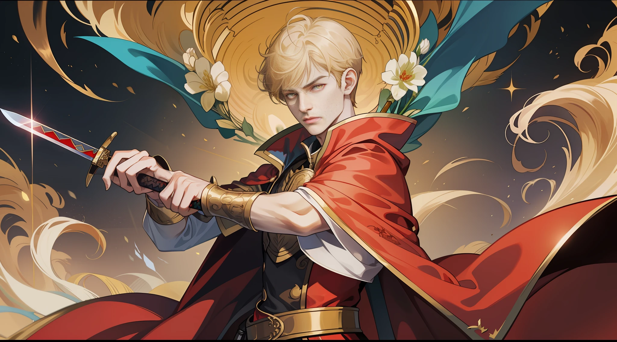 Young short haired blonde prince with pale skin pretty golden eyes sword in hand regal medieval style cape outfit colors red white and gold