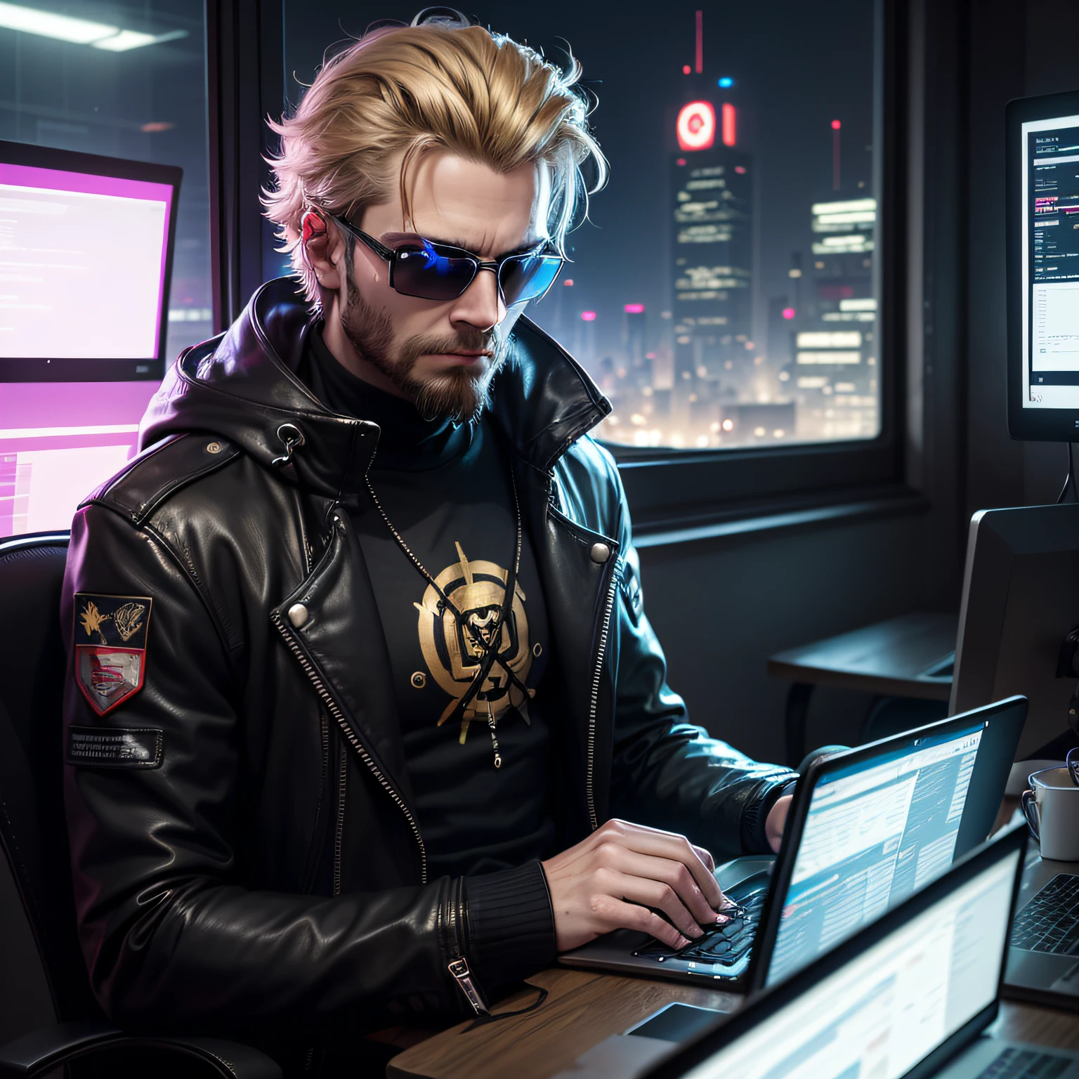 In a dark, wire-strewn room, a blond man in sunglasses focuses on his computer. He has a combed hair to the side and a serious expression. His black leather jacket bears a symbol of Anonymous, the activist hacking group that challenges the system. On his neck, a mask of Guy Fawkes, the revolutionary who tried to blow up the English parliament in the seventeenth century. he types codes quickly on a green screen that displays data about blockchain, the technology that underpins cryptocurrencies like bitcoin and ether. He's trying to hack into some major target, maybe a bank, a corporation, or a government. Beside him, a metallic robot with a sign that says "Hacking the system" assists him in the task. The robot has red eyes and an antenna on its head. He seems intelligent and loyal to his owner. Through the window, you can see a futuristic city, with tall buildings and lit by neon. There are flying cars, giant screens and drones in the sky. The setting is cyberpunk, a mix of high-tech and low-quality of life.