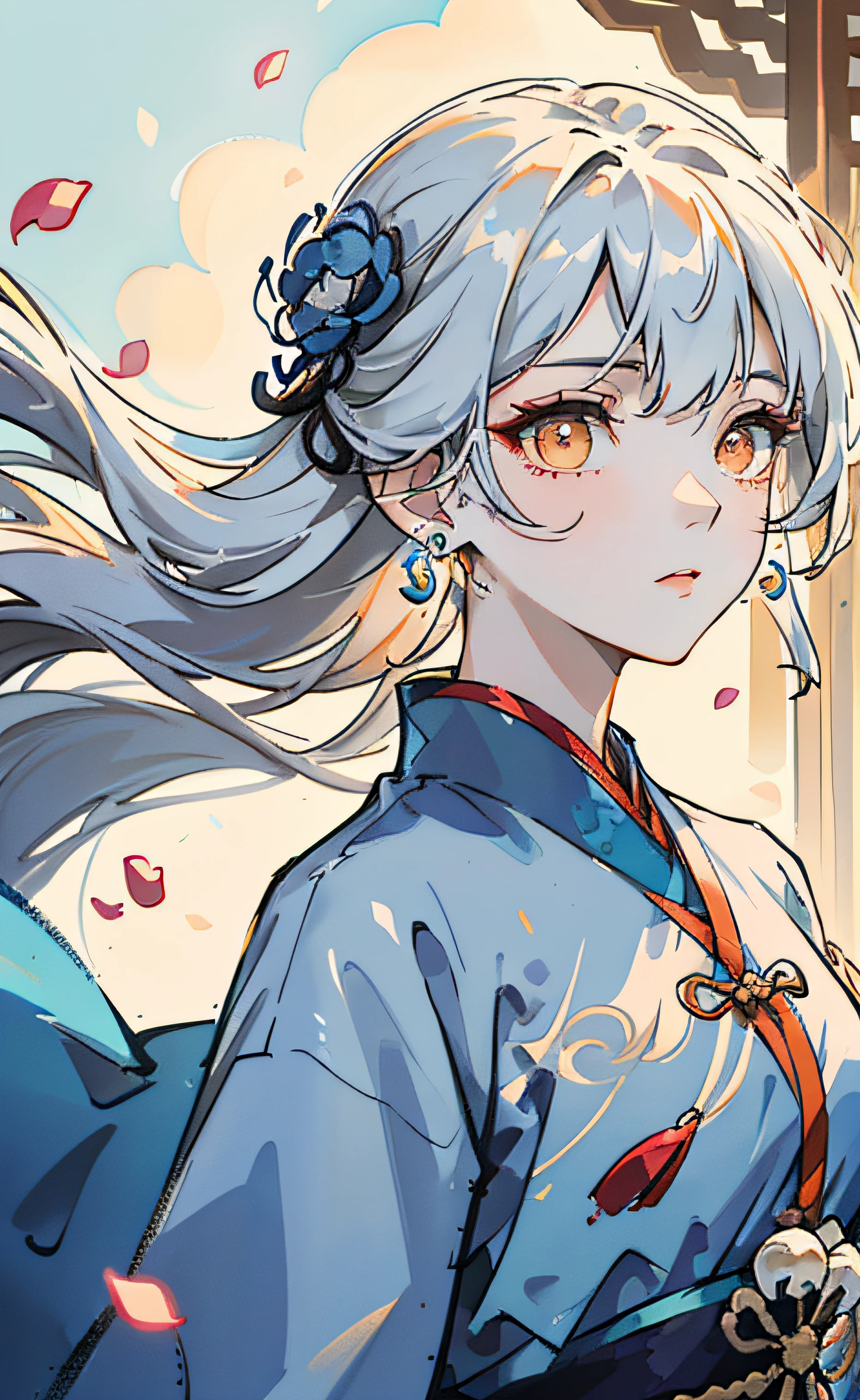 Mature girl, orange eyes, blue-white hair color, floating hair, delicate and flexible eyes, intricate damask hanfu, gorgeous accessories, wearing pearl earrings, fov, f/1.8, masterpiece, ancient Chinese architecture, blue sky, flower petals flying, front portrait shot, Chang'e, side lighting, sunlight on people, 8K