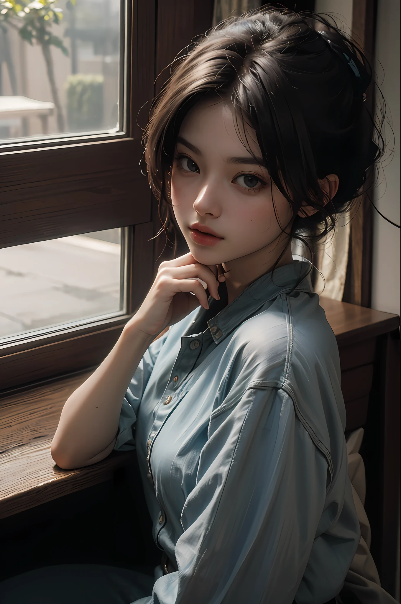 (RAW photo, 4k, masterpiece, high res, extremely intricate) (photorealistic:1.4), cinematic lighting
1girl, solo focus, summer noon, hot, 1990s \(style\),cowboy shot,indoors