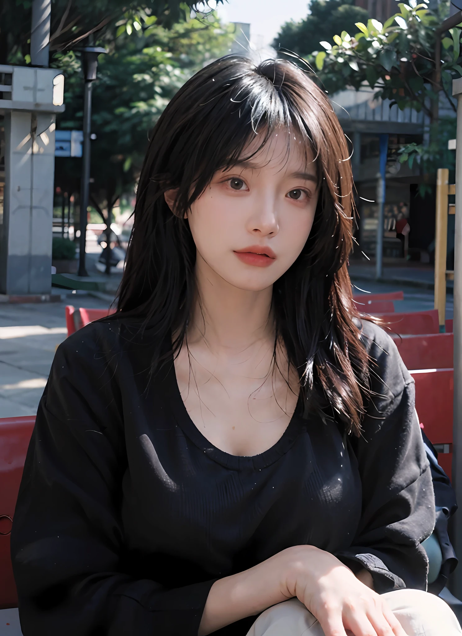 Best Quality, Masterpiece, Ultra High Resolution, (Realistic: 1.4), 1 Girl, Sexy, (Campus: 1.2), (Big Breast: 1.3), (Upper Body: 1.4)