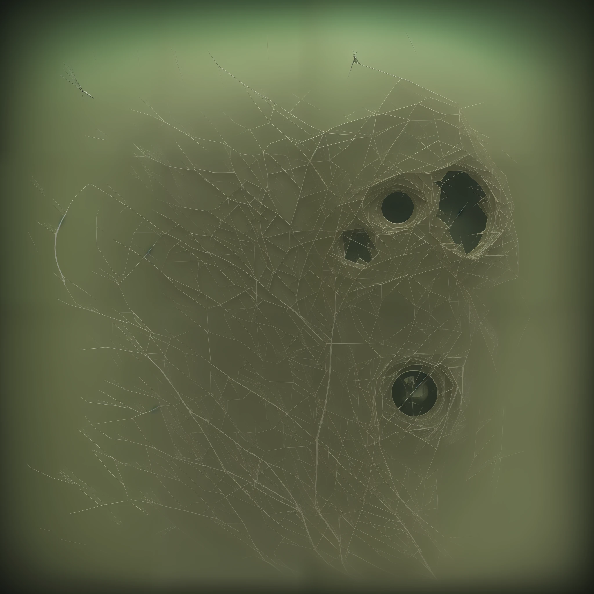 conceptual art, M.C Escher + Architectural Art + b/w photography by Pierre Verger / fusion of style / White theatre mask with ash marks and mystical symbols surrounded by greenish mist./ mystical and spiritual / dark tones, supernatural aspects, macro lens, surreal juxtapositions, Lovecraft, cosmic horror, 90s horror/ethereal/scary/mysterious--1080:1350 --c 12