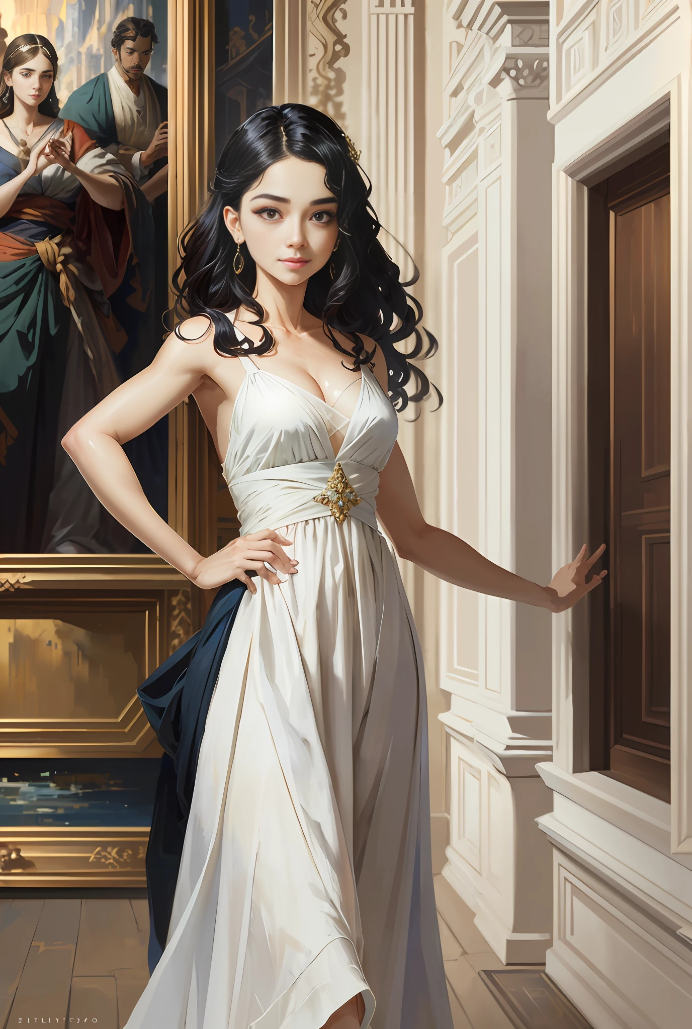 Model shooting style, (extremely detailed CG Unity 8k wallpaper), full-shot body photo of the most beautiful artwork in the world, stunning beautiful photo realistic available, super realistic super detailed photo, a beautiful girl as a female dancer entering the Loggia dei Lanzi of Florence,complex dress, banquet, crowd, [slight smile], (Sculpture of Hercules background), (princess eyes, shining pupils), detailed symmetrical beautiful hazel eyes, detailed gorgeous face, highly detailed, Vibrant, professional majestic oil painting by Ed Blinkey, Atey Ghailan, Studio Ghibli, Jeremy Mann, Greg Manchess, Antonio Moro, ArtStation Trends, CGSociety Trends, Complex, High Detail, Sharp Focus, Dramatic, Realistic Painting Art, by Midjourney and Greg Written by Rutkowski