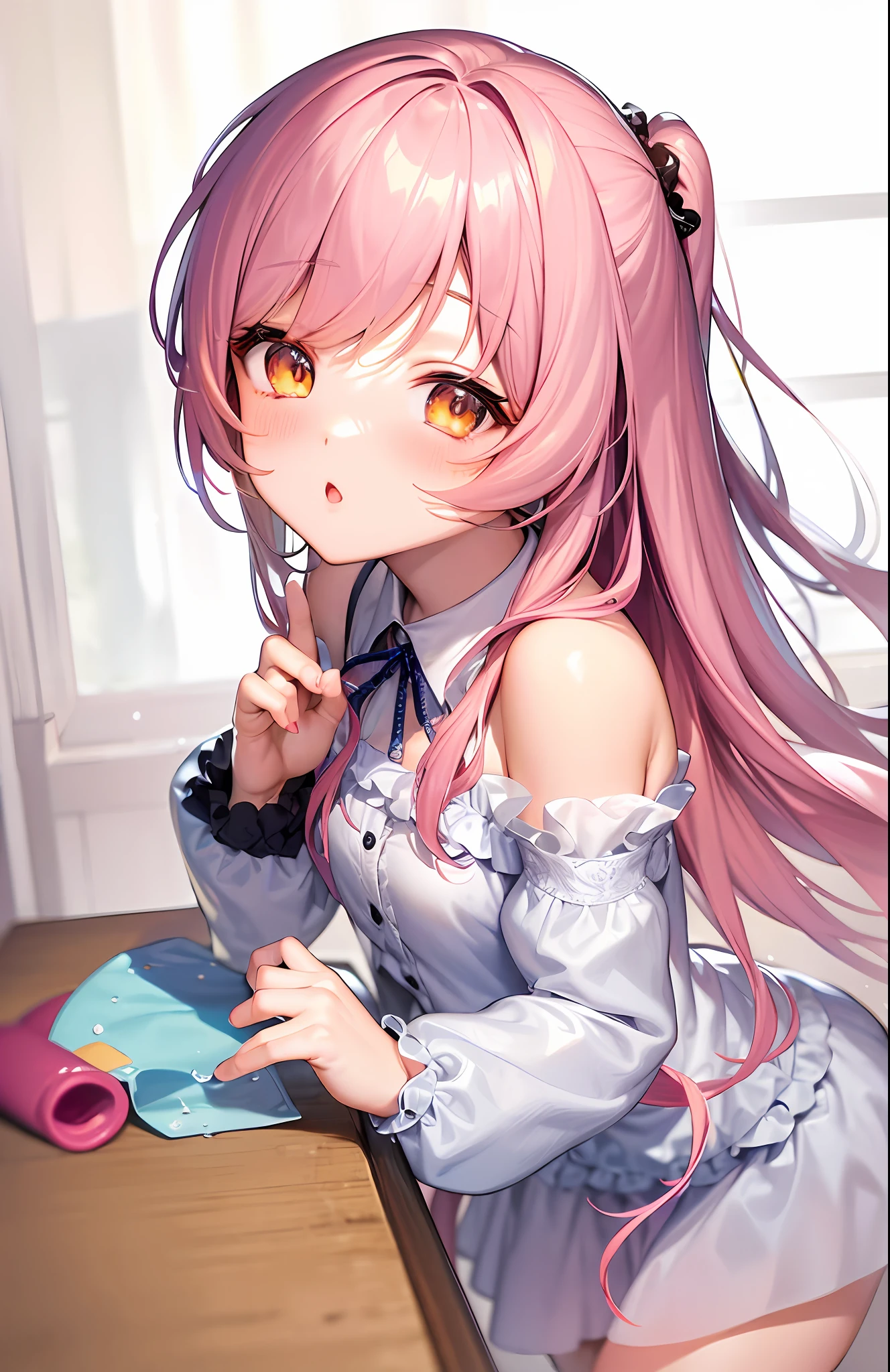 Anime girl with pink hair and golden eyes, wearing dress, soft anime illustration, pixiv, cute anime girl, (anime girl), marin kitagawa doujin art, cute anime, digital art on pixiv, anime illustration, kawaii reality portrait, cute anime girl portrait, clean detailed anime art, pixiv contest winner, cute anime girl portrait, splash art anime