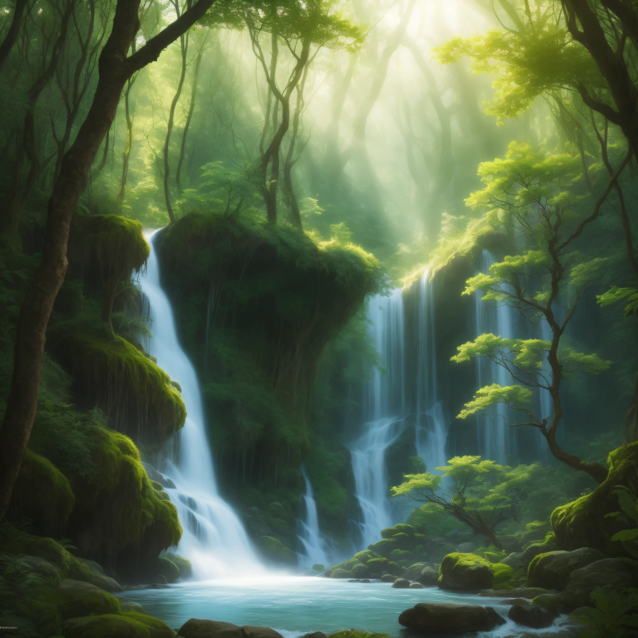 8K, cinematic, high resolution, masterpiece, scene within a mystical forest, where a beautiful mage practices her arcane arts. Create an enchanting artwork that blends elements of nature, magic, and allure. Position the mage as the central figure, radiating elegance and power. Depict her in a revealing dress adorned with intricate patterns and symbols that represent her connection to the magical realm. Emphasize her graceful demeanor and confident stance, reflecting her mastery over the arcane arts. Set the scene near a majestic waterfall within the heart of the forest. Illustrate the cascading water, capturing its movement and the ethereal mist it creates. Utilize a vibrant color palette to enhance the magical atmosphere, incorporating shades of greens and blues to represent the lushness of the forest and the flowing water. Surround the mage with elements that hint at her mystical abilities. Place a cauldron nearby, bubbling with magical potions or mystical concoctions. Show wisps of magical energy or shimmering particles that emanate from her hands, symbolizing her connection to the arcane forces. Incorporate the lush vegetation of the forest, using vibrant colors and intricate details to bring it to life. Illustrate towering trees, vibrant flowers, and delicate vines that weave through the scenery. Add mystical creatures like butterflies, birds, or forest spirits to enhance the enchanting atmosphere. Play with lighting techniques to create a sense of depth and magic. Illuminate the scene with soft, diffused lighting, casting gentle shadows and highlights on the mage and her surroundings. Use rays of sunlight filtering through the forest canopy to add a touch of ethereal glow.