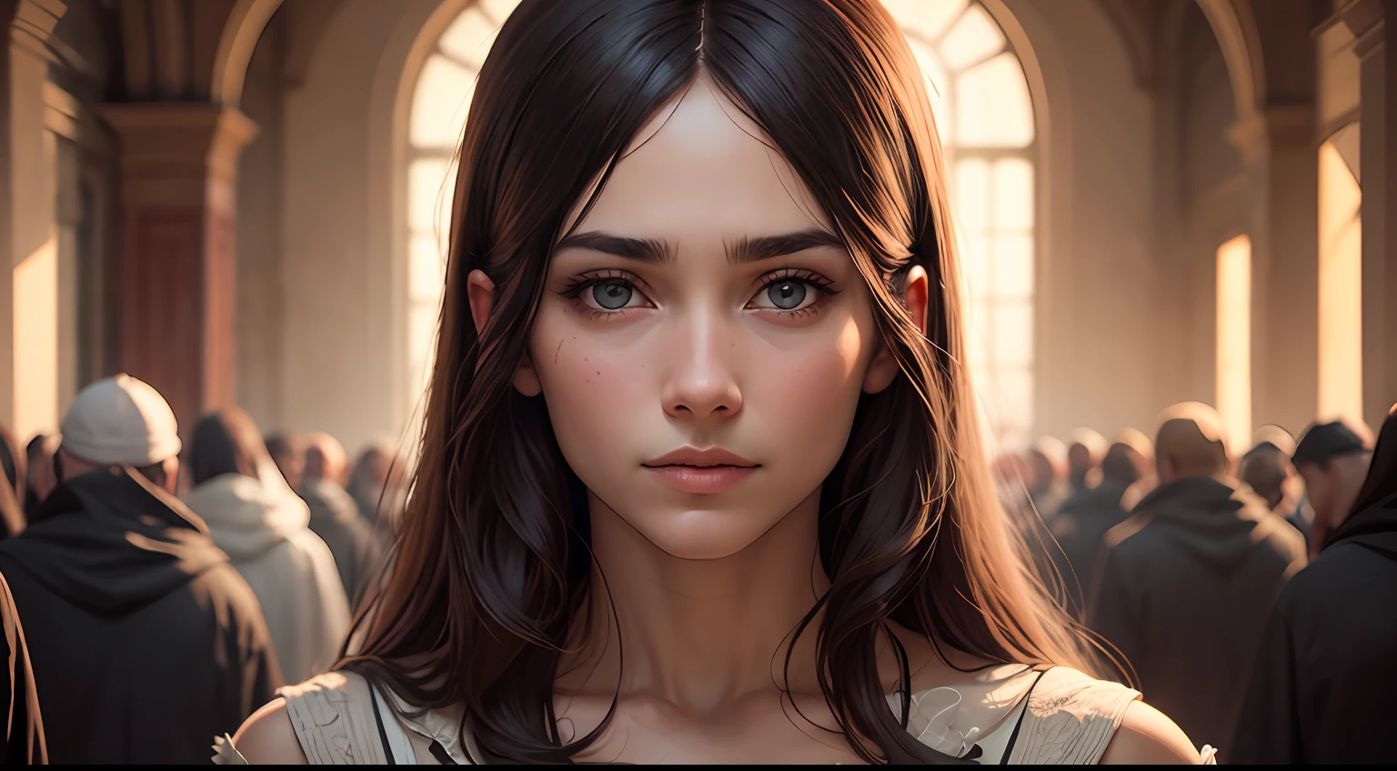 Jesus Christ face and eyes well defined, whole body, among the disciples in a beautiful place, realistic photo, 4k. --auto