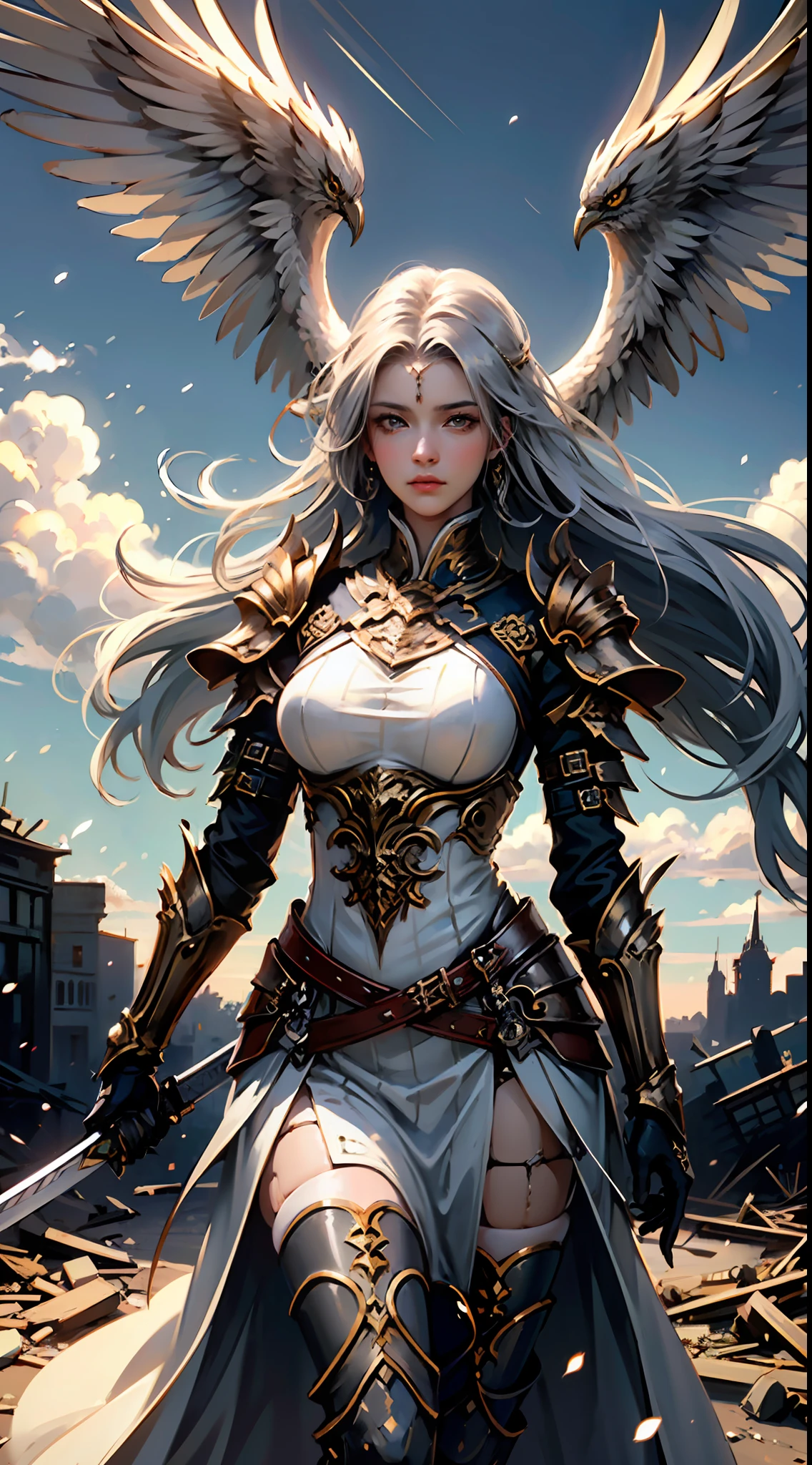 ((Woman, standing on a ruined building, close-up, realistic)) realistic visuals, artistic sophistication, captivating beauty, dramatic contrasts, 8k wallpaper, absurdity, incredible absurdity, golden armor, gadaxintai gaodanvshen, (holding silver sword)), hair floating in the air, ((in battle))
