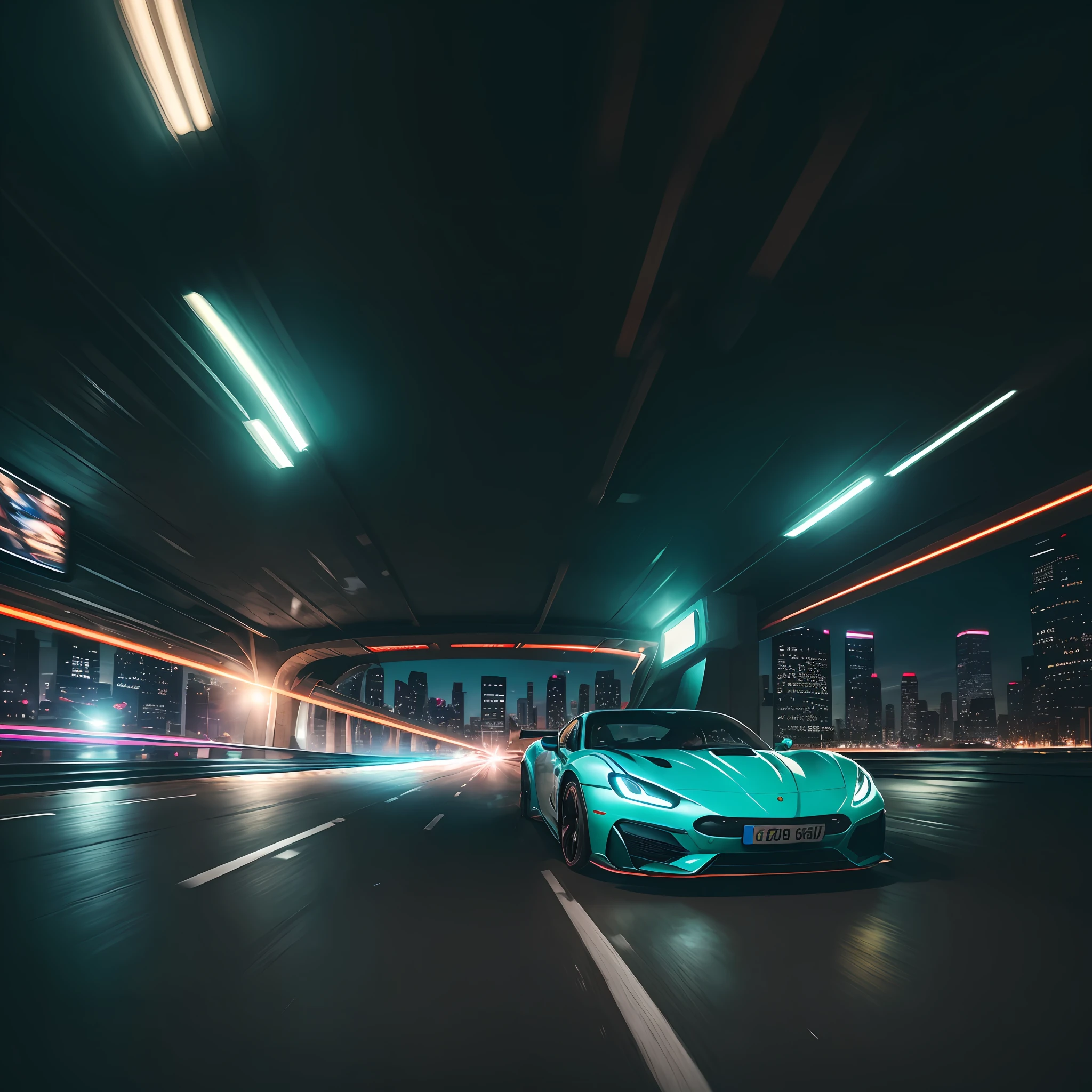 A sports car speeding through the city, real, photographic, photographic, with perspective