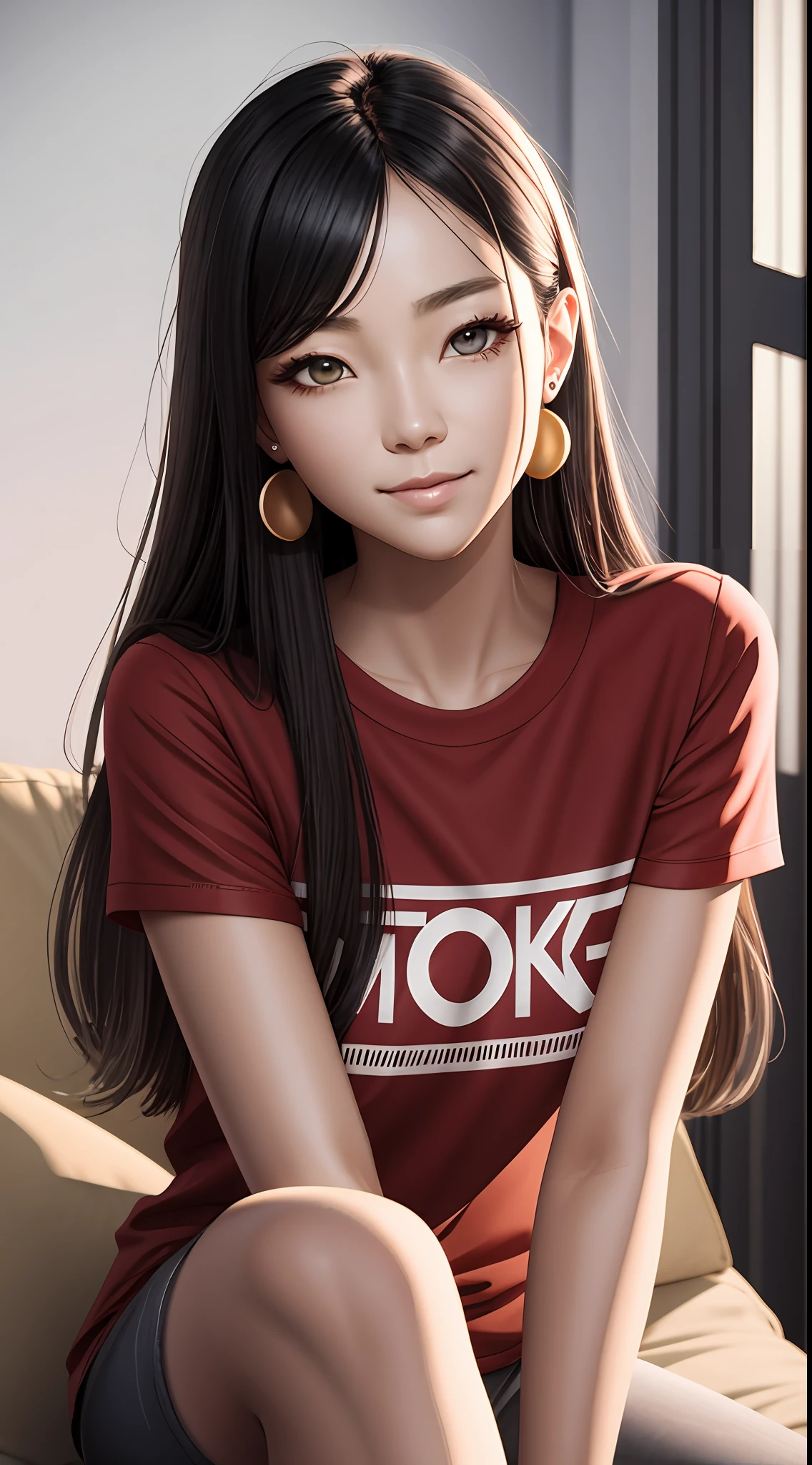 [25-year-old female],[face: round], [eyes: almond eye shape, brown color, thick and curved eyebrow shape], [Nose: Sticky shape, small hole], [Mouth: thick lip shape, Neat teeth], [Chin: Tyre chin shape, Sunken chin], [Hair: Long hairstyle, black color,], [Ears: Small ear shape], [skin: white skin color, Smooth skin texture], [Facial expression: smile], [Activity: Sitting on the sofa in the living room],
[Top clothes: T-shirt, all red color, plaid pattern, delicate texture, casual wear style, folded clothing design, well-maintained clothing condition]
Professional photograph of a stunning woman detailed, cinematic lightning, octane render, unreal engine, volumetrics dtx
