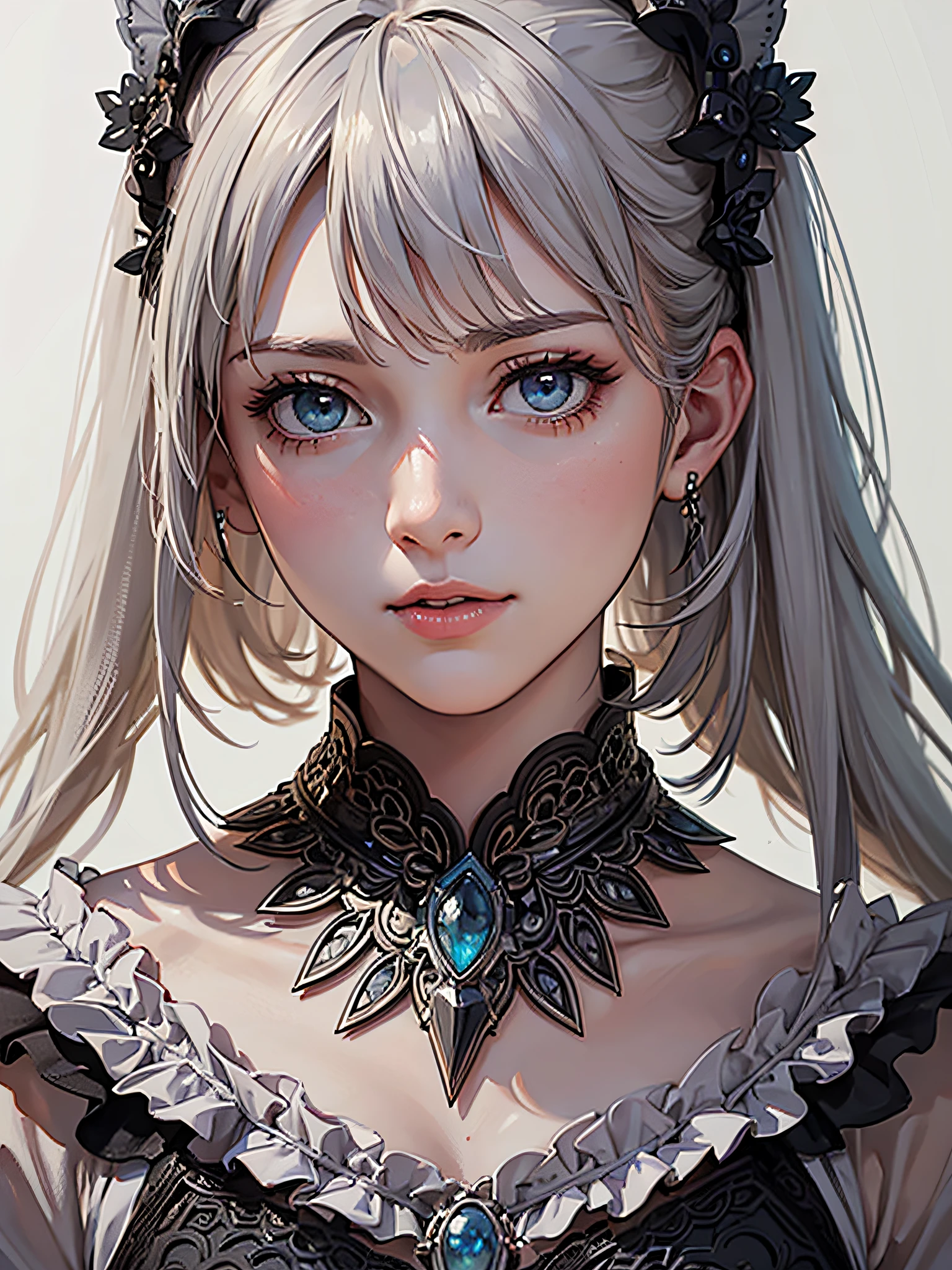 Trends on ArtStation, Trends on CGSociety, Intricate, High Detail, Sharp Focus, Dramatic, Realistic Art of Drawing by Midjourney and Greg Rutkowski, Sketch, Masterpiece, Best Quality, Very Detailed, 1girl, Half, Beautiful Meticulous Eyes, Cute Anime Face, Bust, Beautiful Meticulous Face, White Hair, (Botanical Illustration: 1.5), White Dress