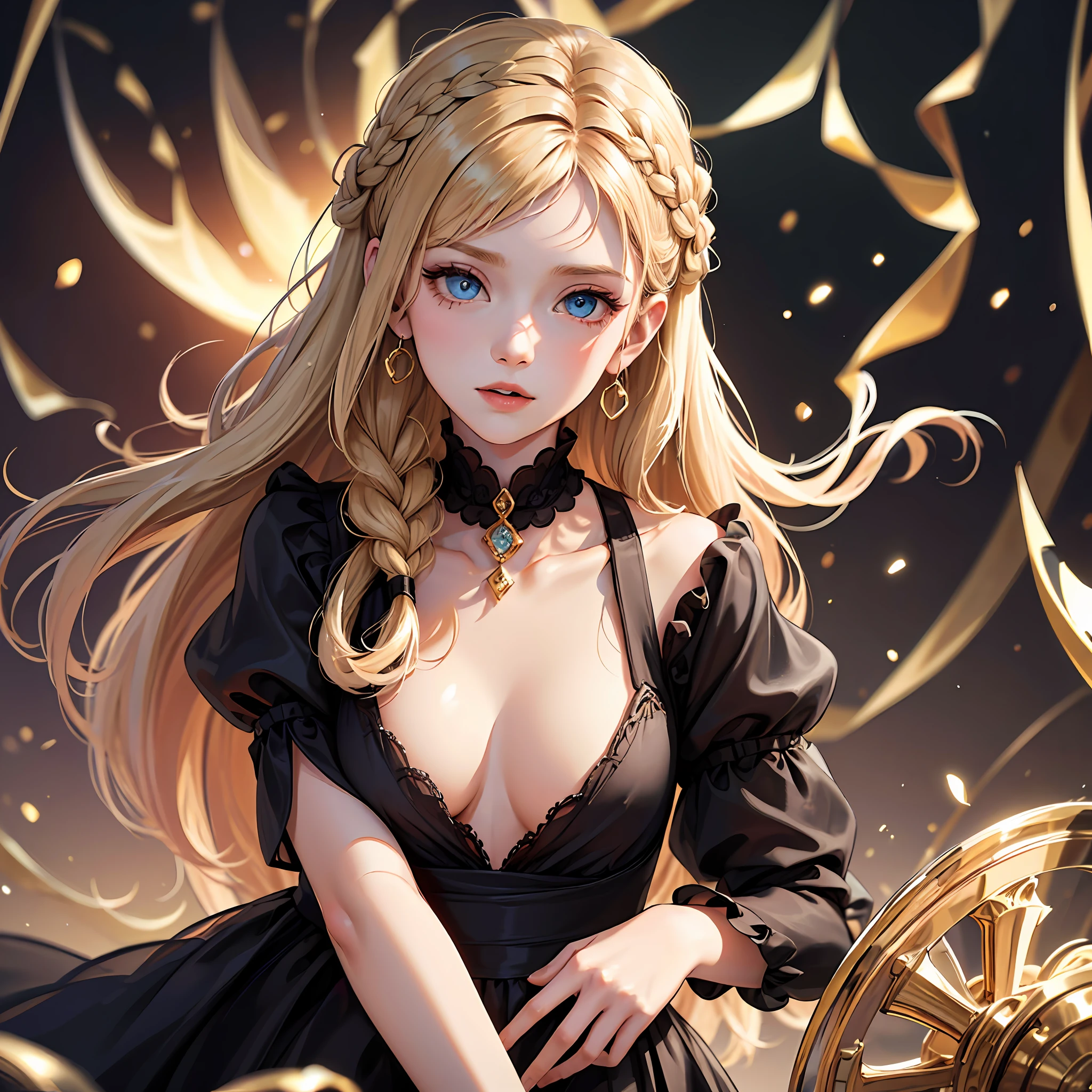God, top quality, one dignified woman, classy, long (masterpiece) 8K resolution, beatrice, blonde, braided, up, bangs are trimmed, blue beautiful eyes, face without makeup, warm and attractive, black dress with red lines with gold rimm, the whole body is about 170, the body is small is not very good