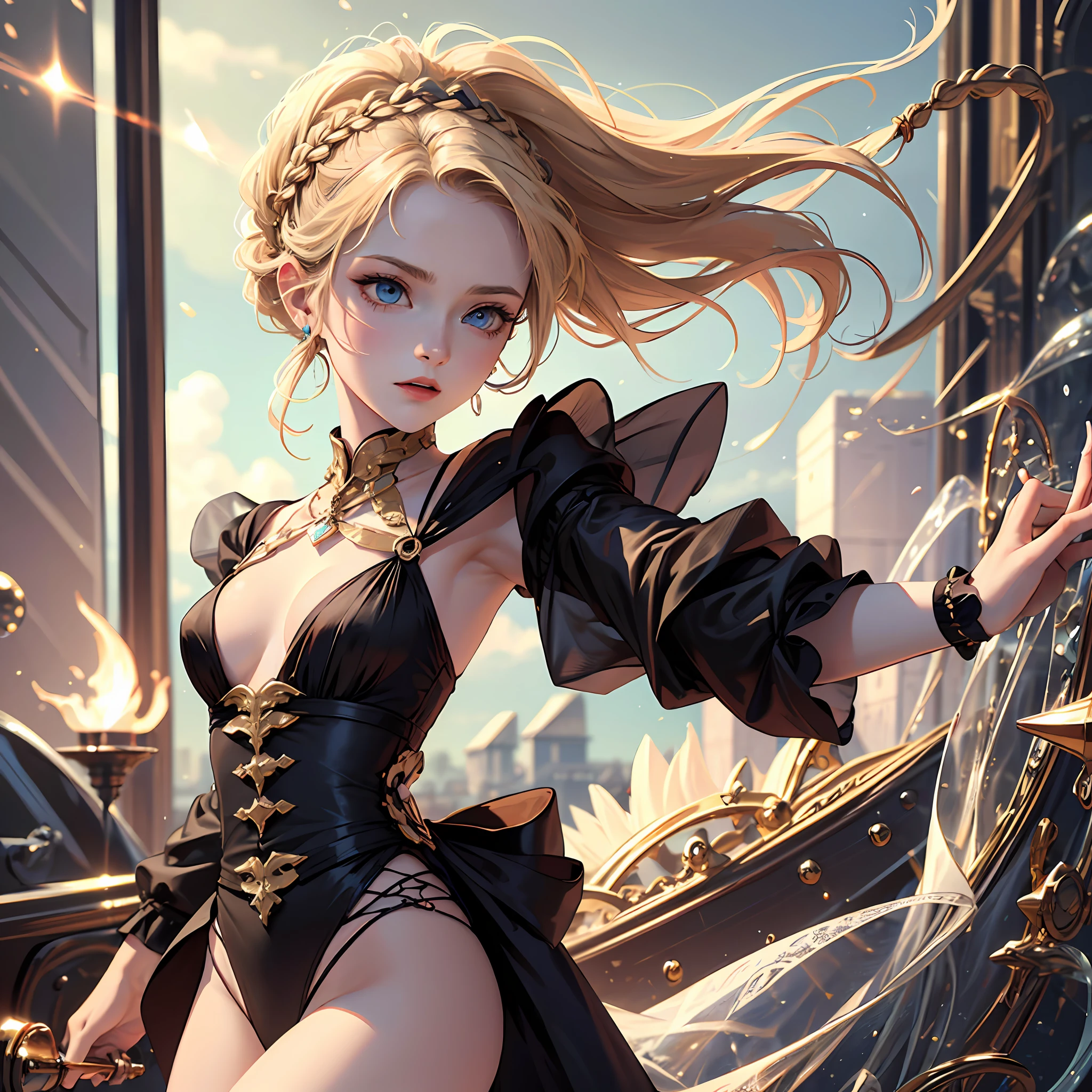 God, top quality, one dignified woman, classy, long (masterpiece) 8K resolution, beatrice, blonde, braided, up, bangs are trimmed, blue beautiful eyes, face without makeup, warm and attractive, black dress with red lines with gold rimm, the whole body is about 170, the body is small is not very good