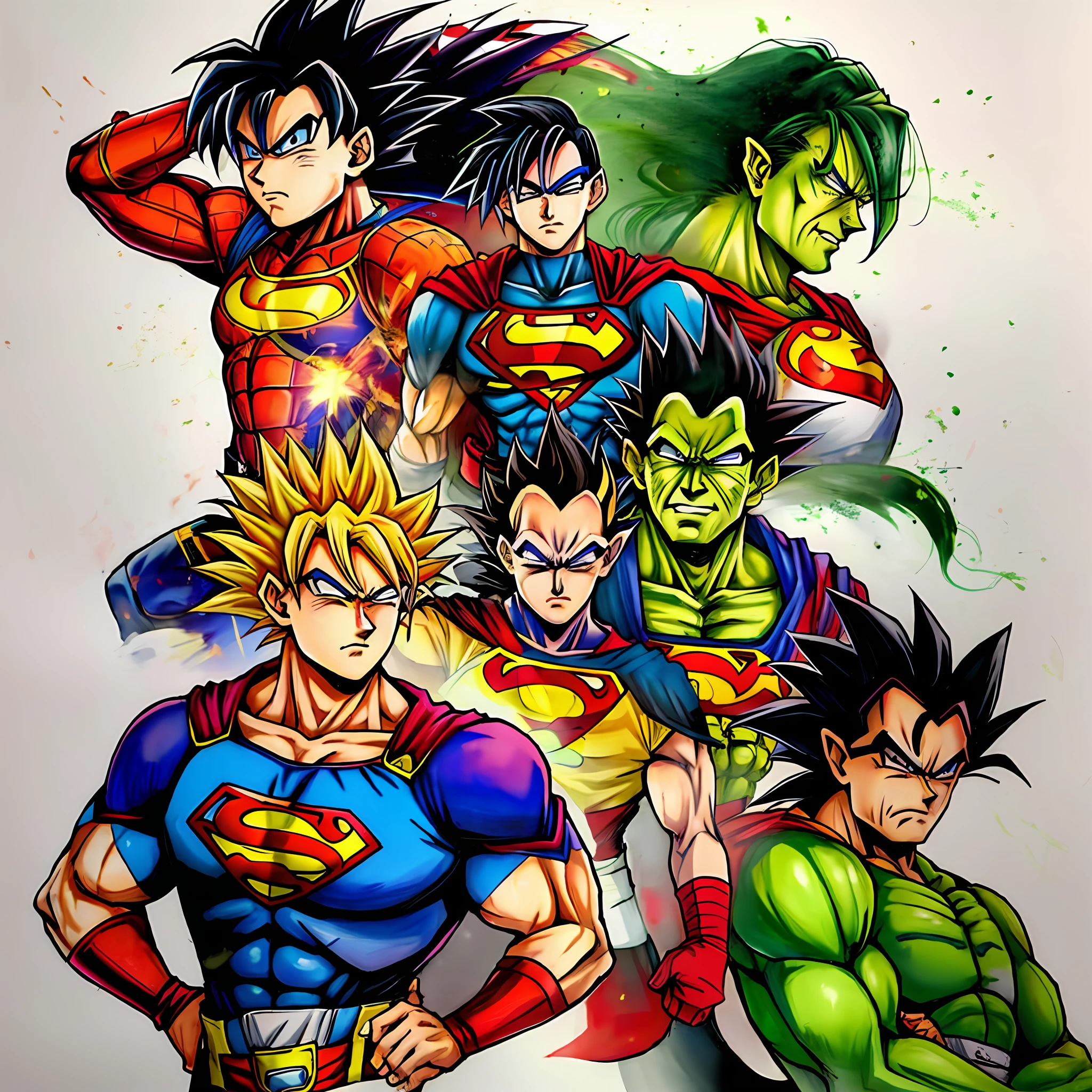 Create art containing the characters Naruto, Sasuke, Goku, vegeta, Superman, Batman, Hulk, and spider-man. In a formation of a team